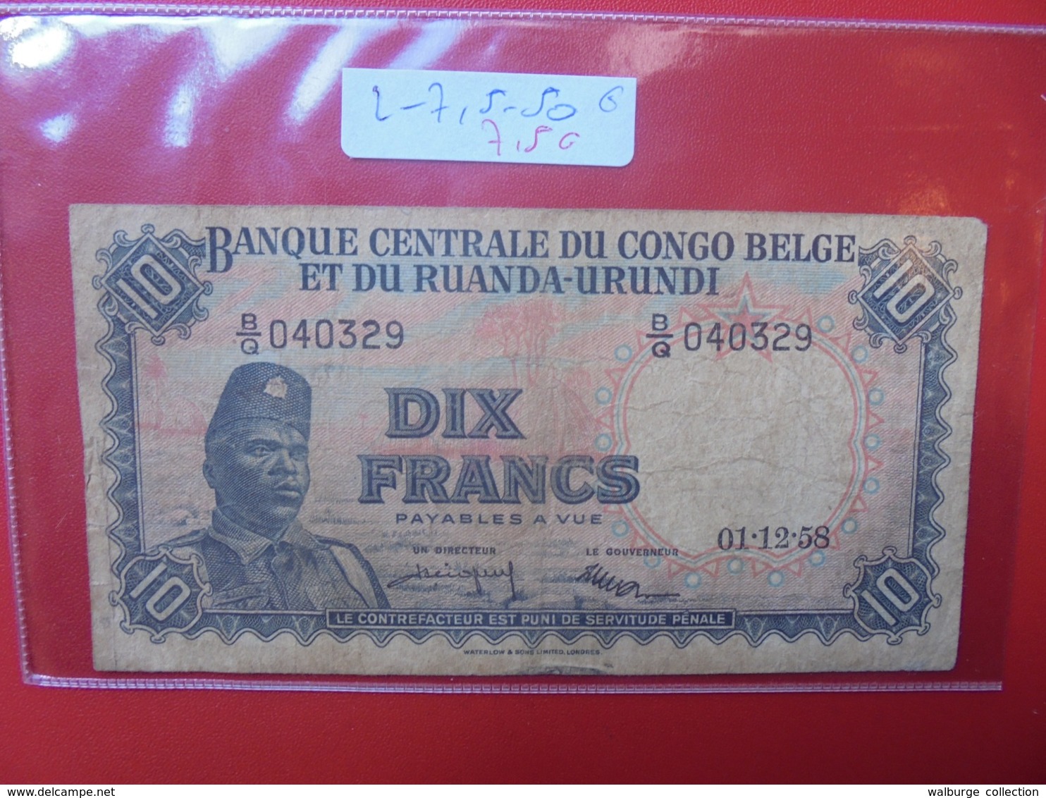 CONGO BELGE 10 FRANCS 1-12-58 CIRCULER - Bank Van Belgisch Kongo