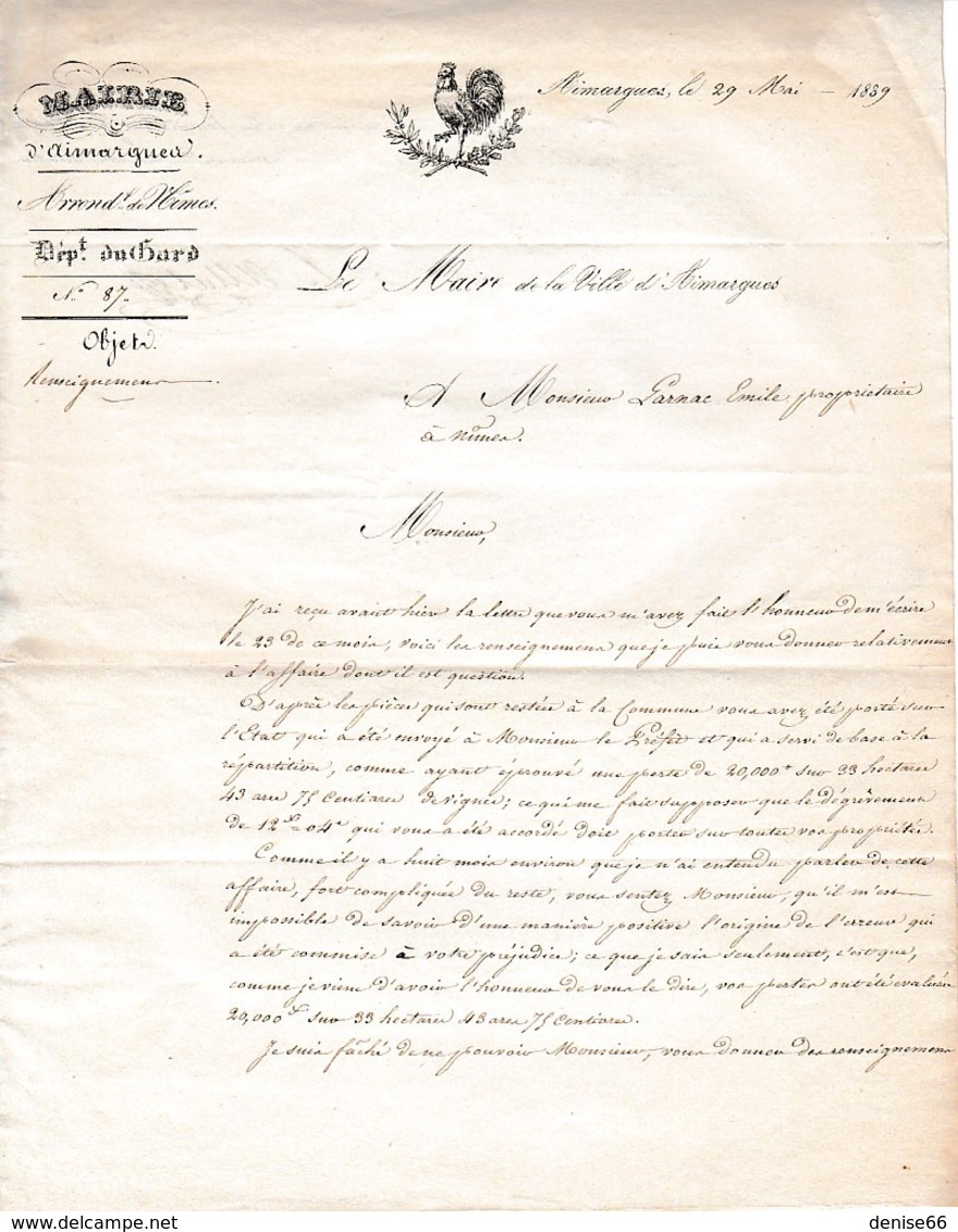 1839 - AIMARGUES (30) à M. LARNAC Emile Propriétaire à NIMES - Perte De 20.000 F Sur 33 Hectares De Vigne - Historical Documents