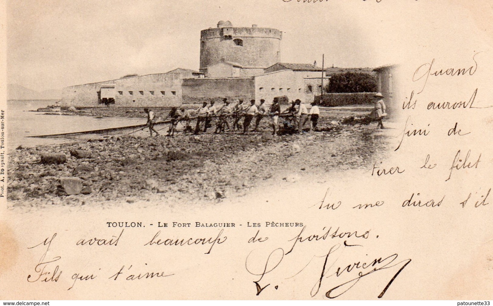 83 LA SEYNE LE FORT BALAGUIER ANIMEE LES PECHEURS TIRANT LE FILET CARTE PRECURSEUR 1900 - La Seyne-sur-Mer