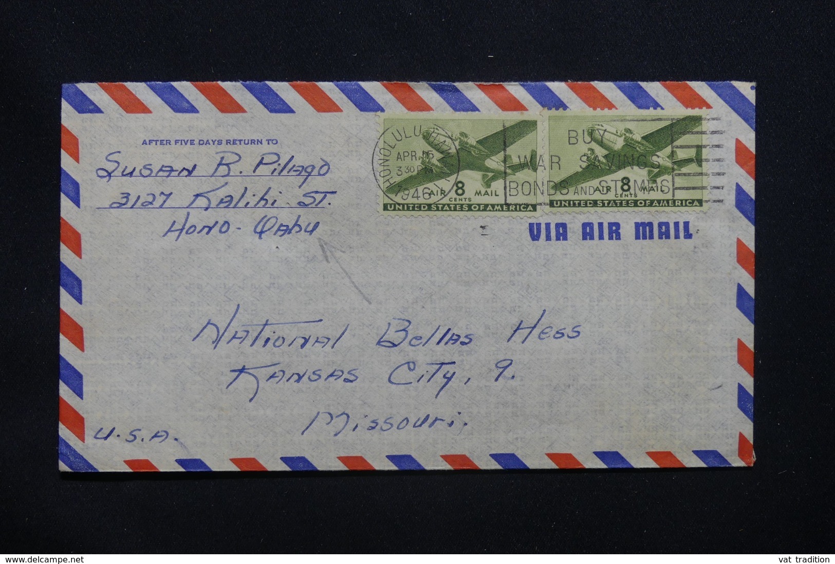 ETATS UNIS - Enveloppe De Honolulu Pour Kansas City En 1946 Par Avion - L 42237 - Marcofilia