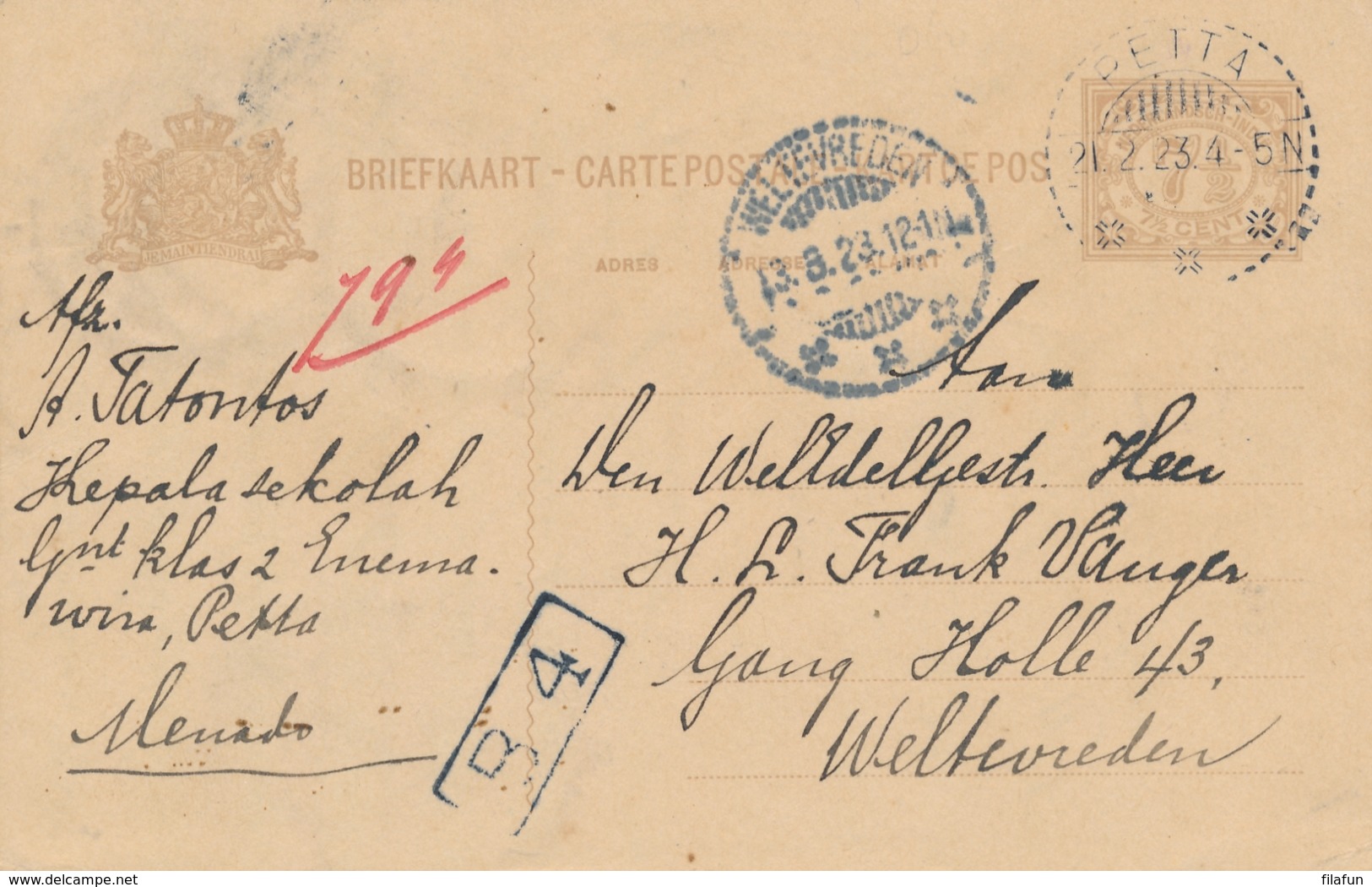 Nederlands Indië - 1923 - 7,5 Cent Cijfer, Briefkaart G29 Van LB PETTA Naar Weltevreden - Nederlands-Indië