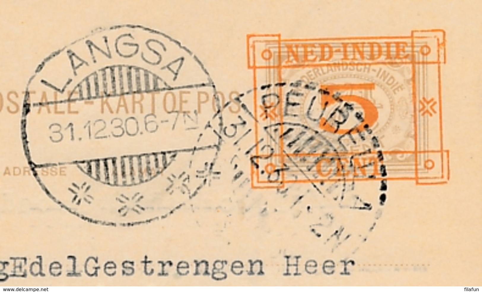 Nederlands Indië - 1930 - 5 Op 7,5 Cent Cijfer, Briefkaart G44 Van LB PEUREULA  Naar LB LANGSA - Nederlands-Indië