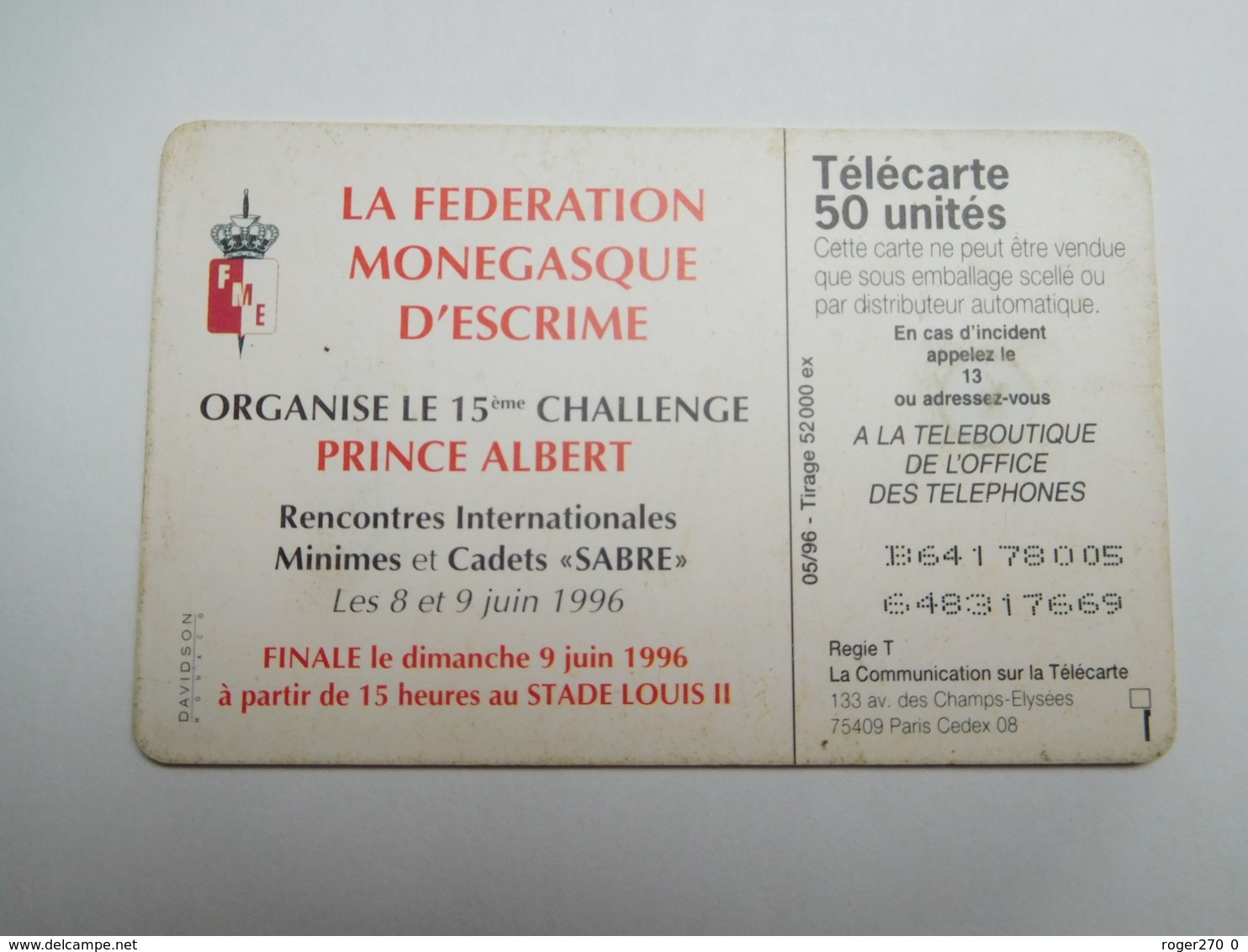 Télécarte Monaco , Escrime ; MF40 , Bon état - Monaco