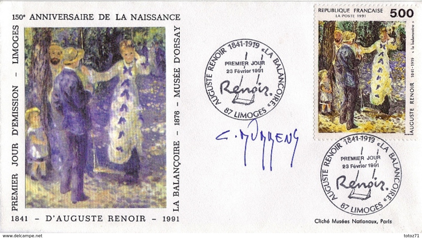 FDC 1er Jour :Auguste Renoir  23/02/1991 N° 2692 Signé Claude DURRENS - 1990-1999