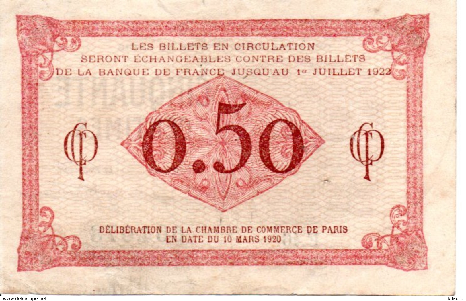 Billet De Circulation 1920 Chambre De Commerce De Paris  50 Centimes BE - Bons & Nécessité