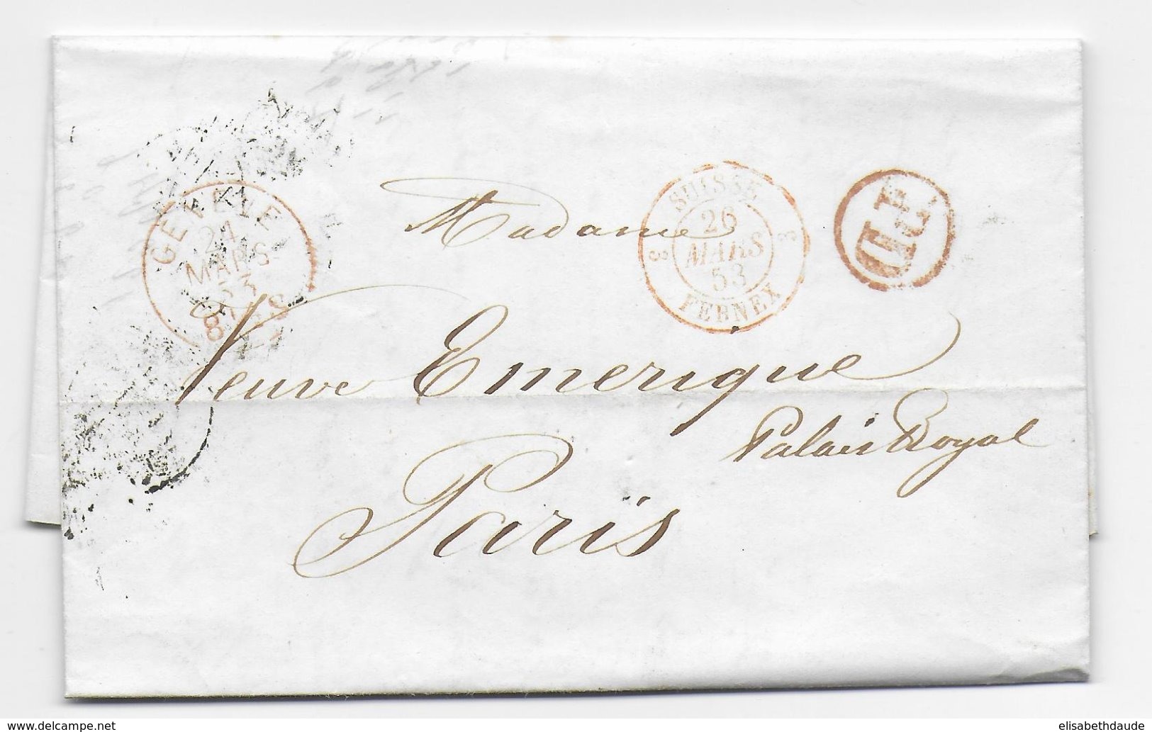 SUISSE - 1853 - LETTRE De GENEVE => PARIS Avec ENTREE FERNEX - Poststempel