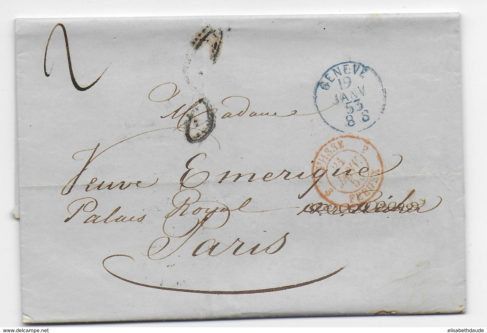 SUISSE - 1853 - LETTRE De GENEVE => PARIS Avec ENTREE FERNEX - Poststempel