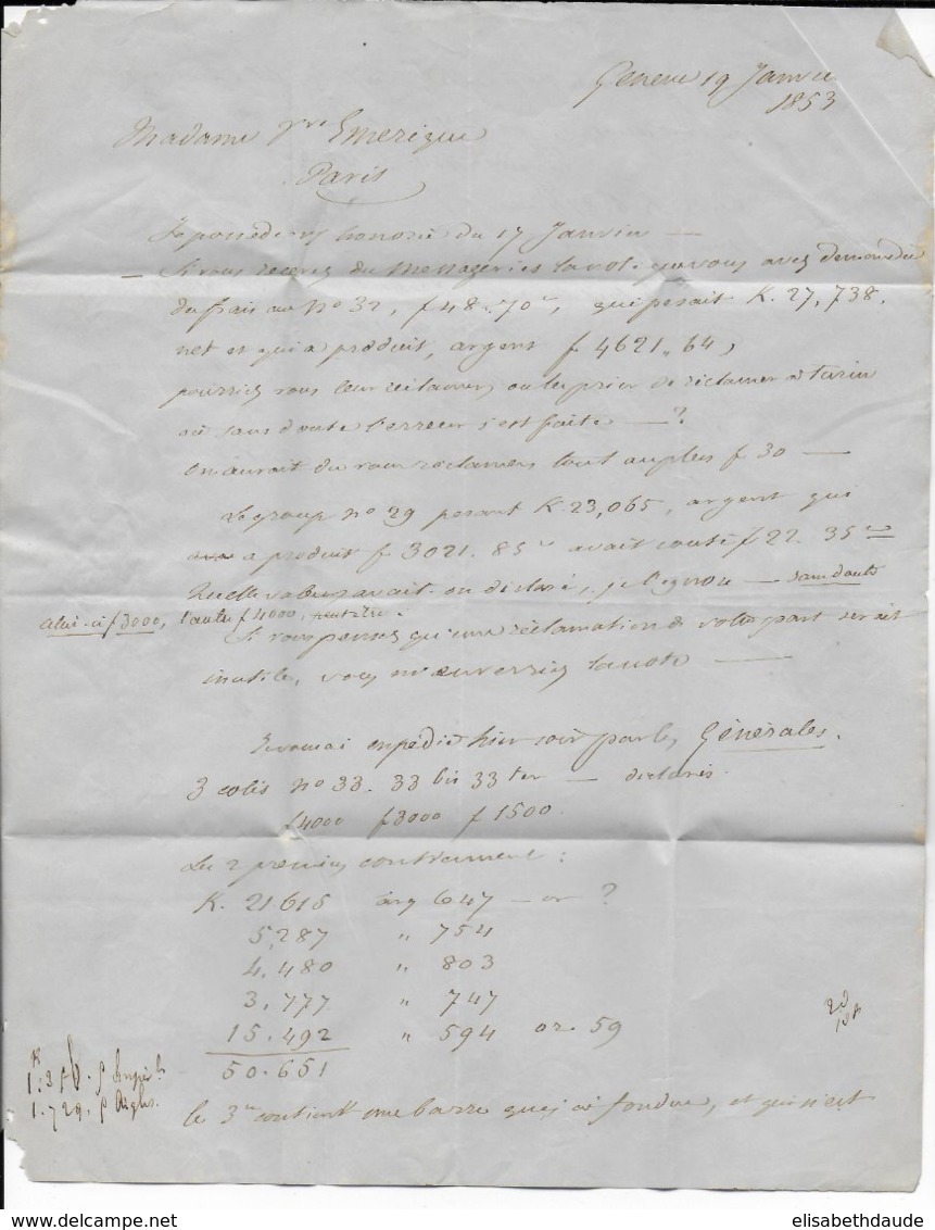 SUISSE - 1853 - LETTRE De GENEVE => PARIS Avec ENTREE FERNEX - Marcophilie