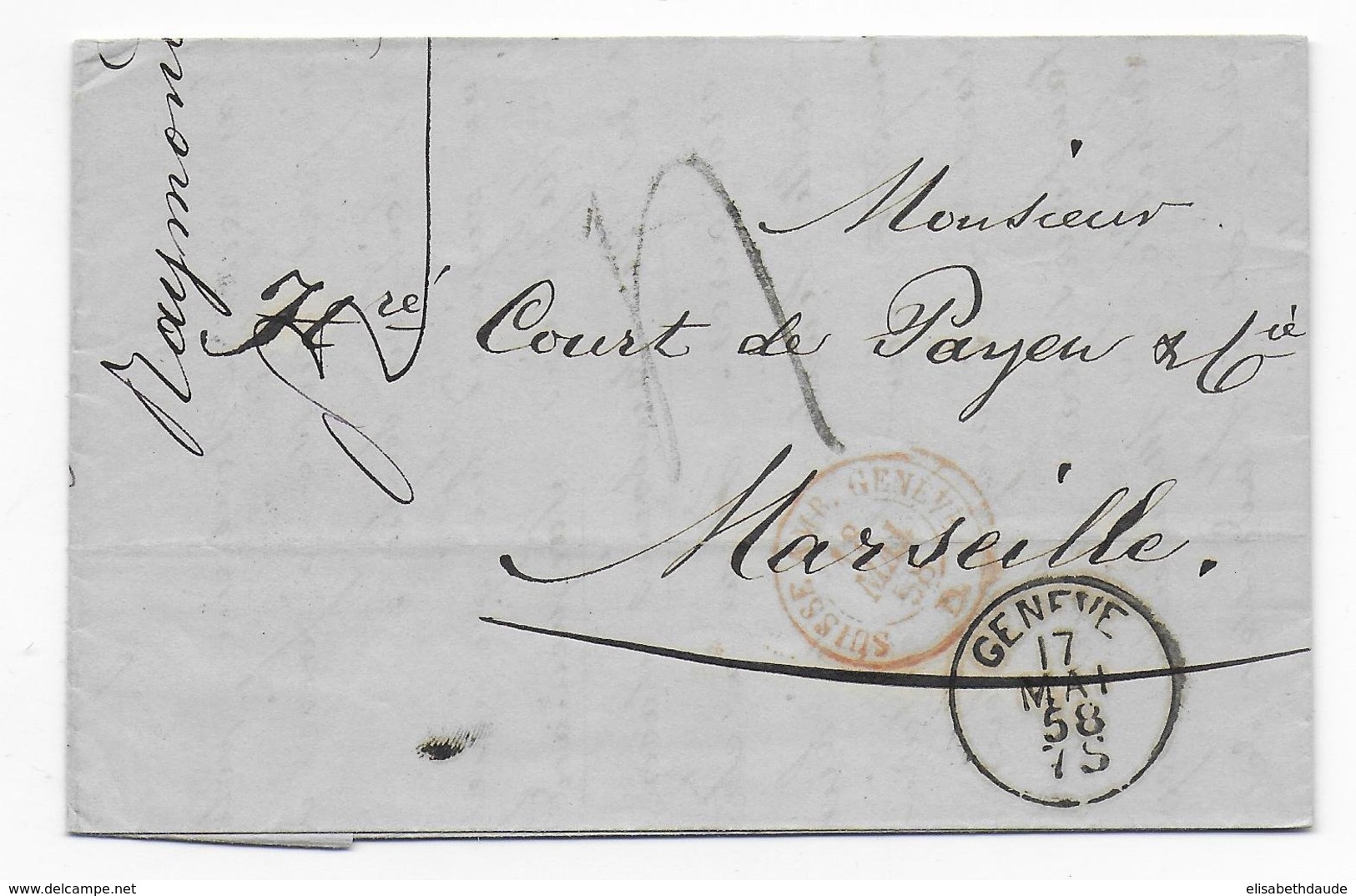 SUISSE - 1858 - LETTRE De GENEVE => MARSEILLE Avec ENTREE AMBULANT GENEVE - Poststempel