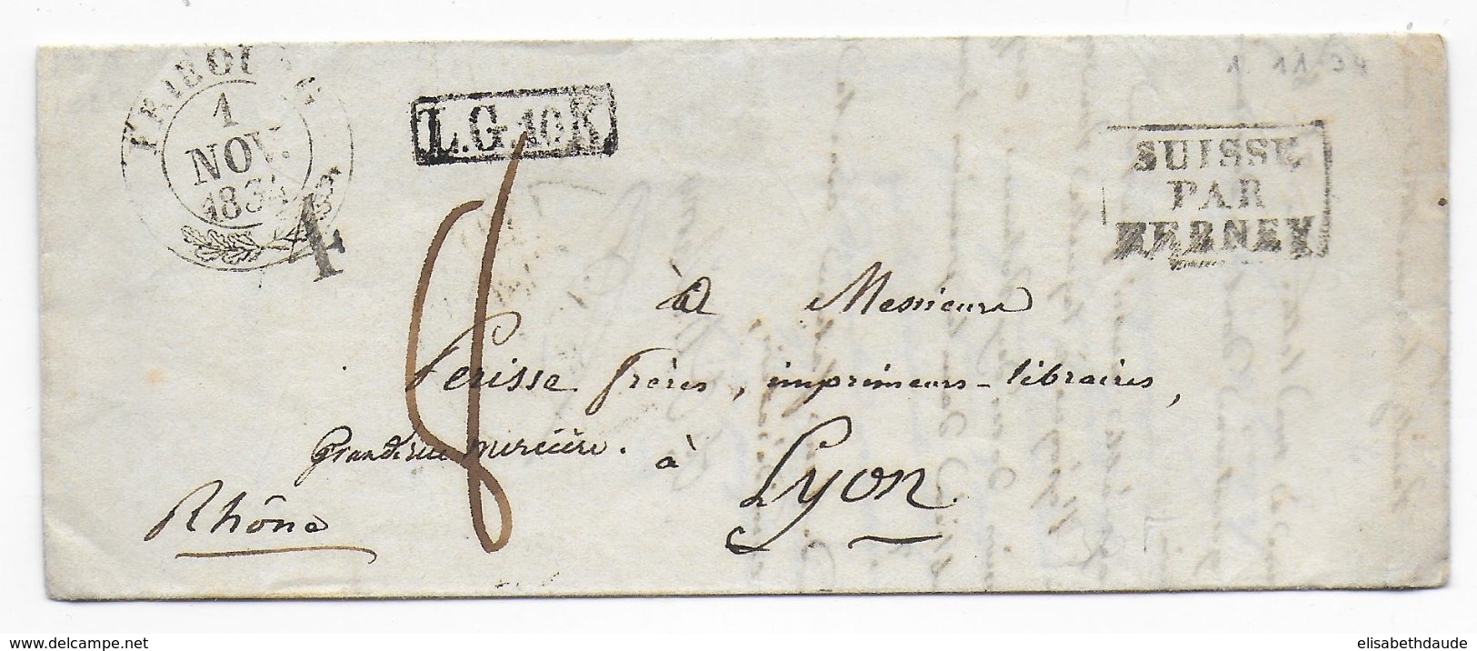 SUISSE - 1834 - LETTRE De FRIBOURG => LYON Avec ENTREE SUISSE PAR FERNEY - ...-1845 Voorlopers