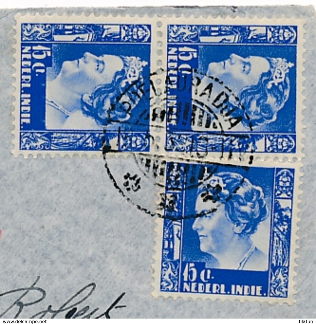 Nederlands Indië - 1939 - 3x 15 Cent Wilhelmina Op LP-cover Van LB POELAURADJA Naar Brussel / België - Nederlands-Indië