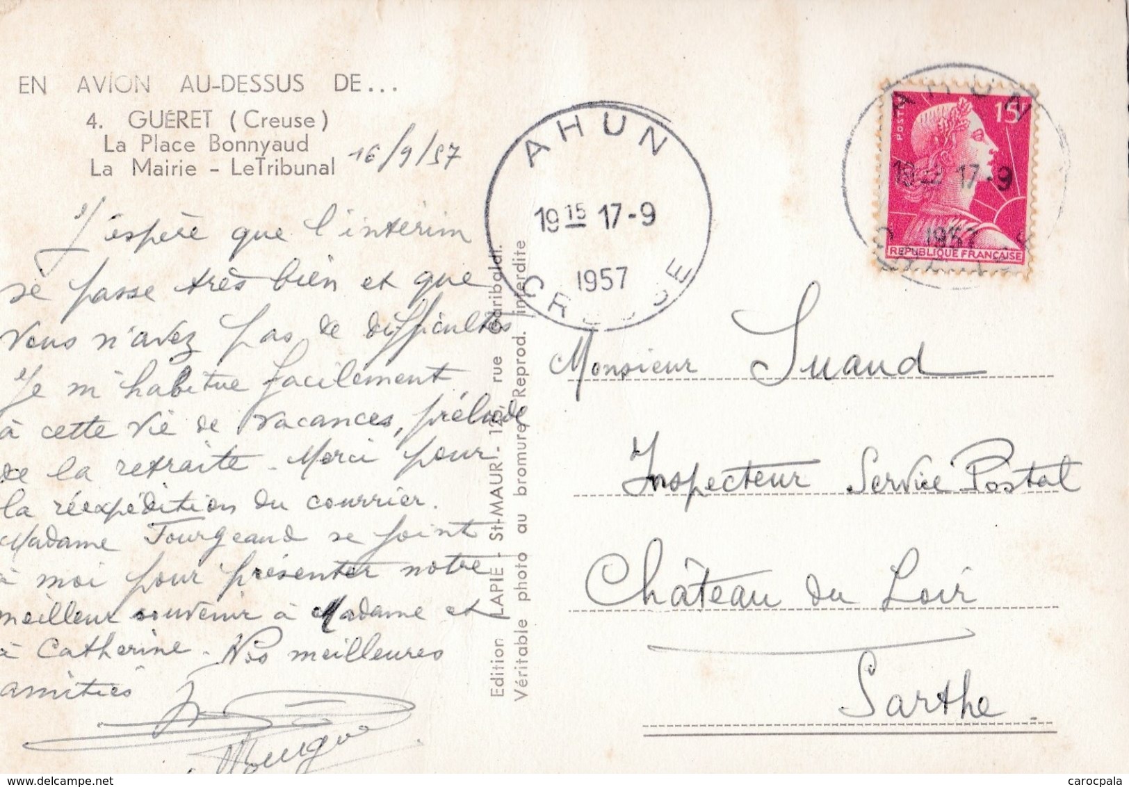 Carte 1950 GUERET / LA PLACE BONNYAUD - MAIRIE ET TRIBUNAL , VUE AERIENNE - Guéret