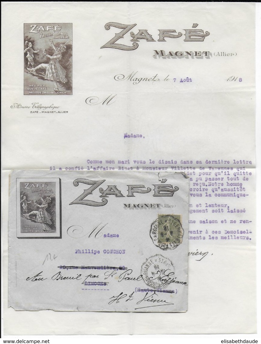 1918 - ENVELOPPE + LETTRE PUB DECOREE (PRODUIT COLONIAL ZAFE) De MAGNET (ALLIER) - 1877-1920: Période Semi Moderne