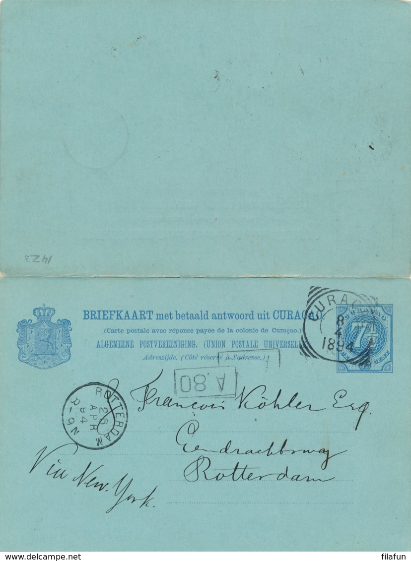 Curacao - 1894 - 7,5 + 7,5 Cent Cijfer, Briefkaart G14 Z-3 Van VK Curacao Naar Rotterdam - Curaçao, Nederlandse Antillen, Aruba