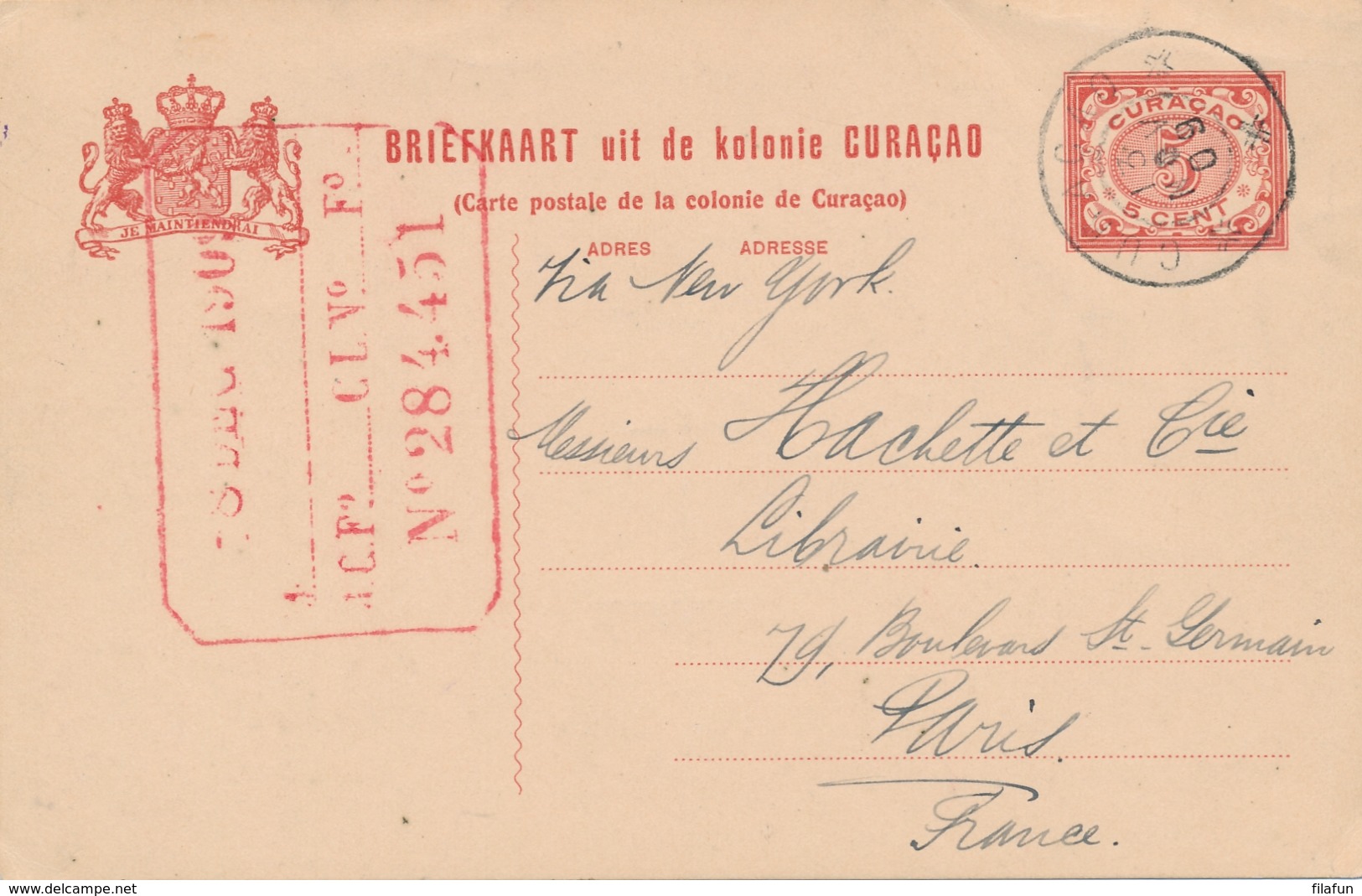 Curacao - 1909 - 5 Cent Cijfer, Briefkaart G19 Commercial Use Van GR Curacao Naar Paris / France - Curaçao, Nederlandse Antillen, Aruba