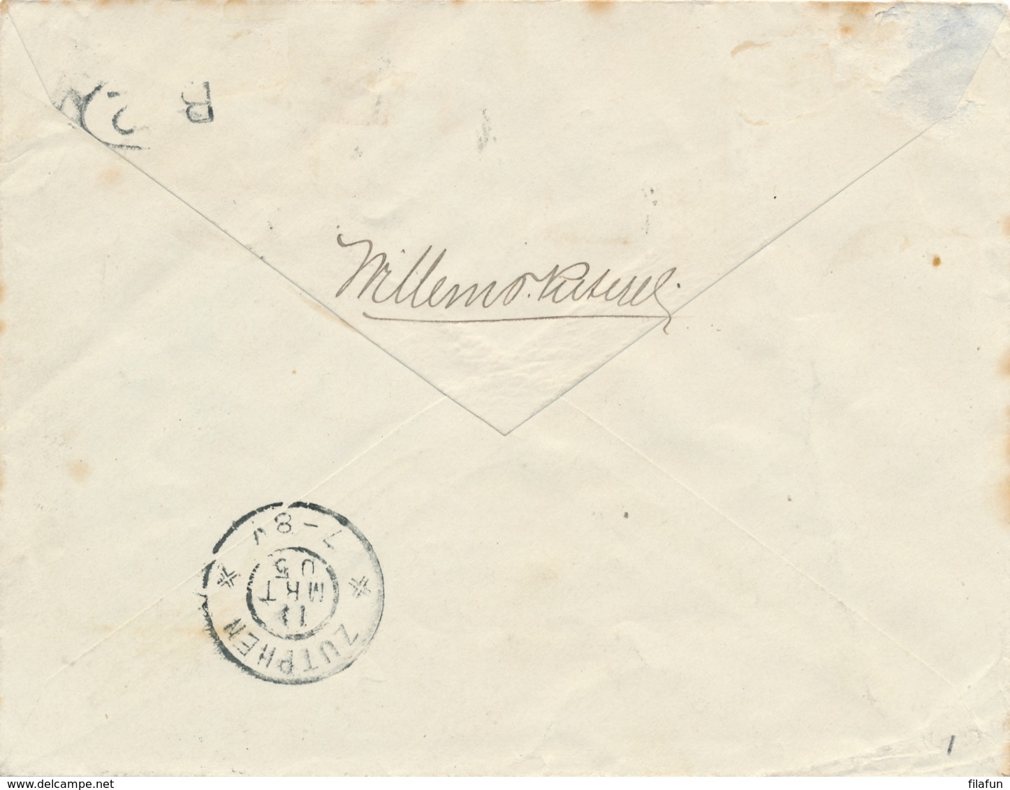 Curacao - 1905 - 5 Cent Wilhelmina In Driehoek, Envelop G1 + 7,5 Cent Van VK Curacao Naar GR Zutphen / Nederland - Curaçao, Nederlandse Antillen, Aruba