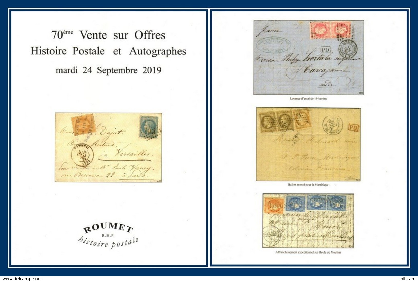 Catalogue Roumet 70éme Vente Sur Offres Histoire Postale & Autographes Septembre 2019 TB - Catalogues De Maisons De Vente