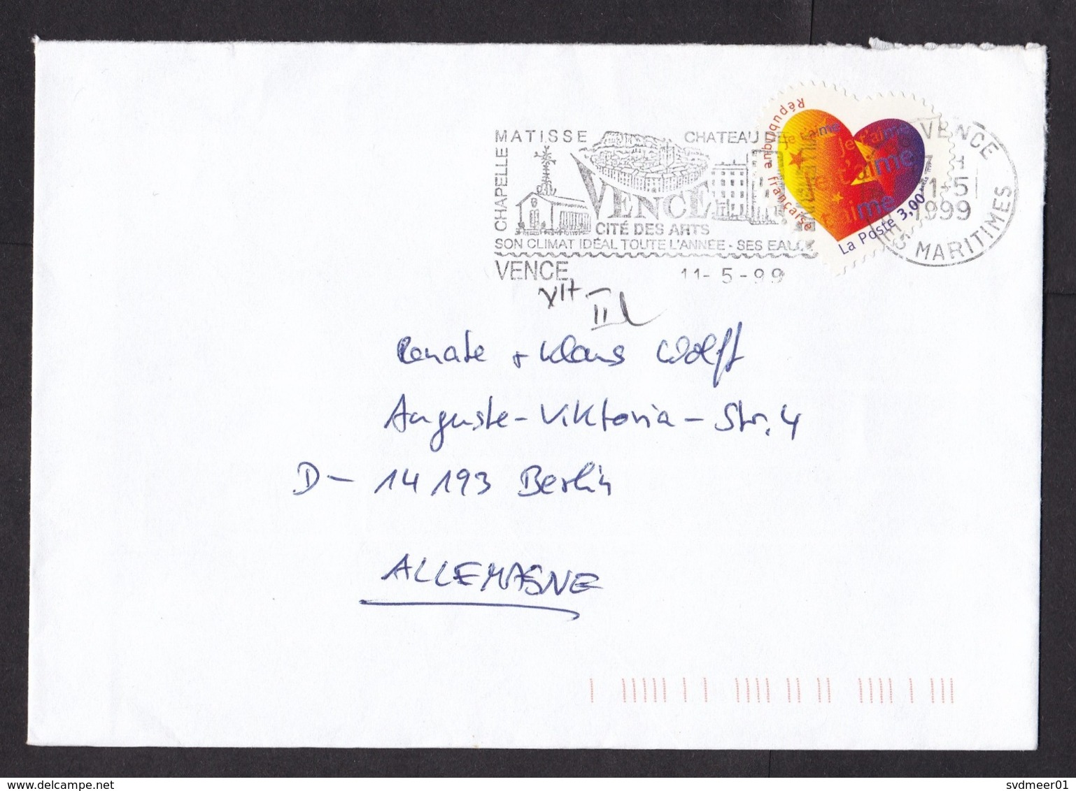 France: Cover To Germany, 1999, 1 Stamp, Heart Shaped, Love, Cancel Vence City Of Arts (traces Of Use) - Brieven En Documenten