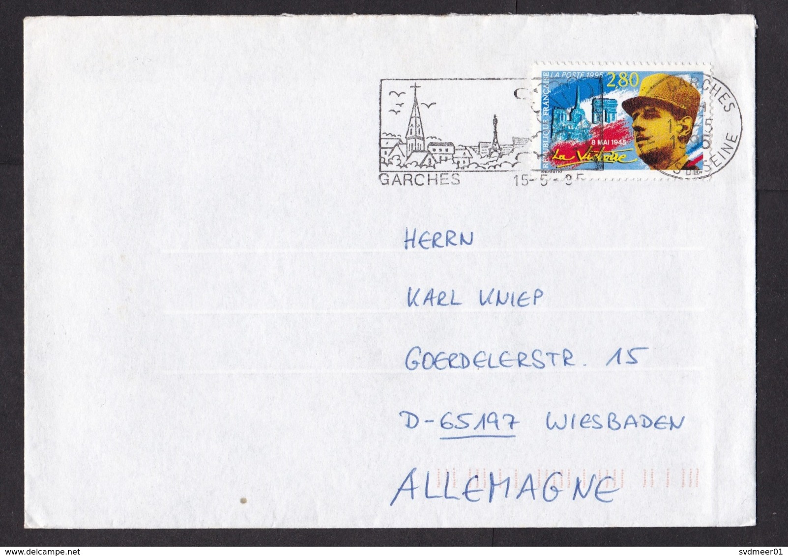 France: Cover To Germany, 1995, 1 Stamp, End Of Second World War, General Charles De Gaulle (traces Of Use) - Brieven En Documenten