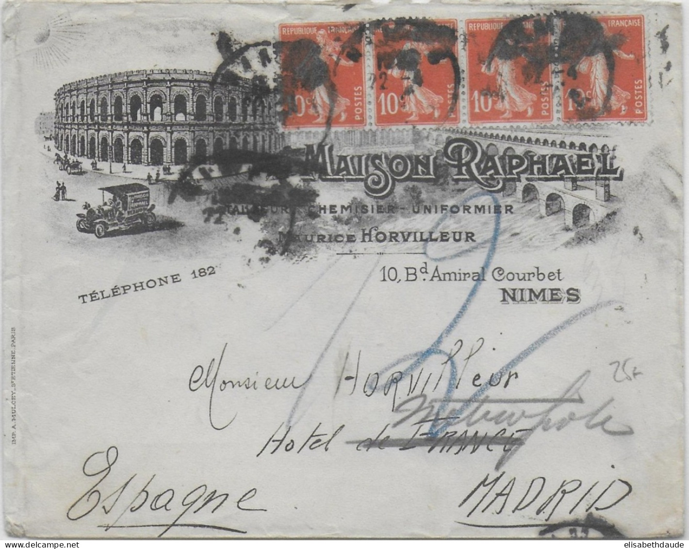 1914 - ENVELOPPE PUB DECOREE (MAISON RAPHAËL) De NIMES (GARD) => MADRID (ESPAGNE) ! - 1906-38 Semeuse Camée