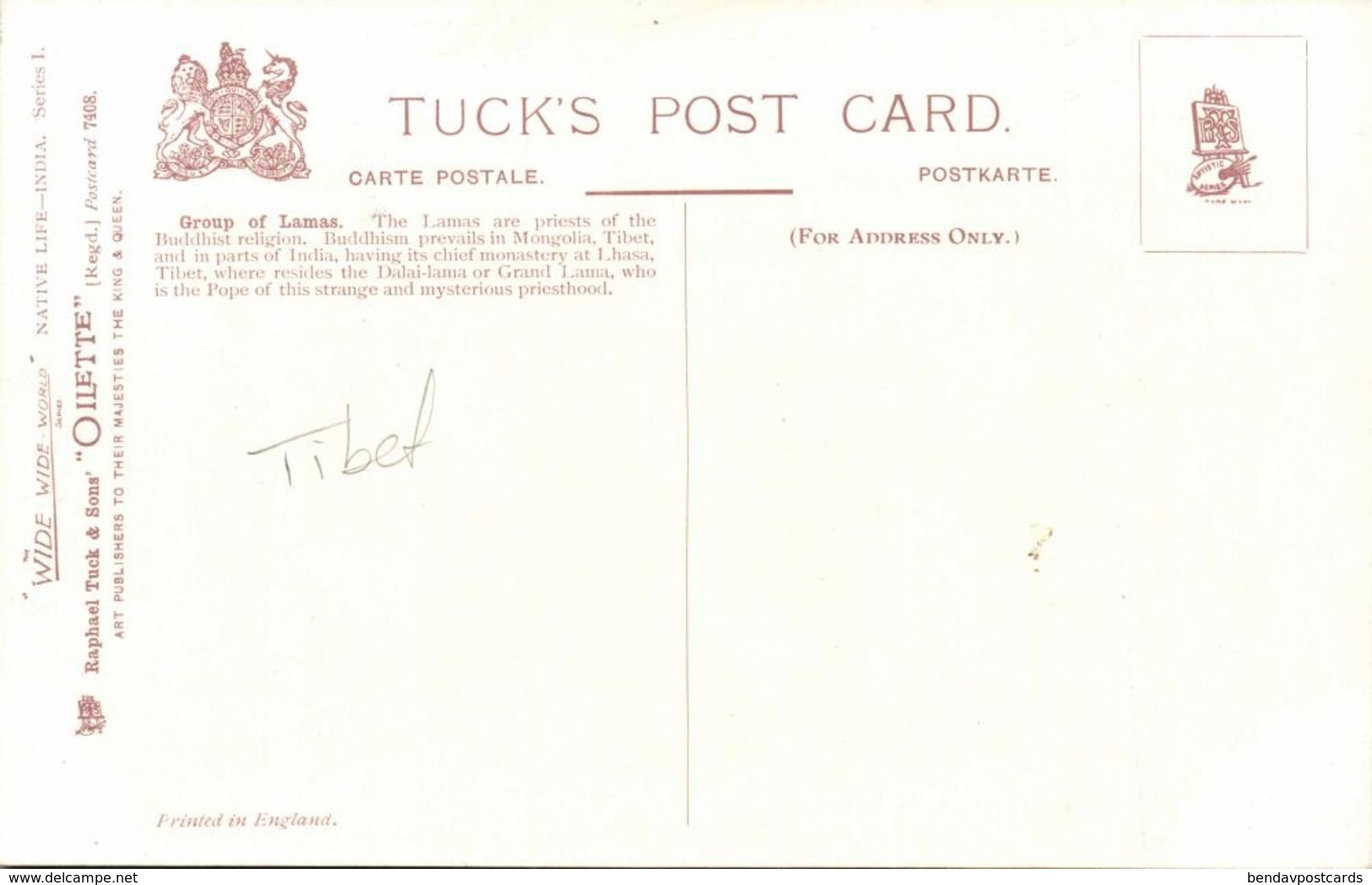 Tibet Thibet, Group Of Tibetan Lamas (1910s) Tuck Oilette Postcard - Tibet