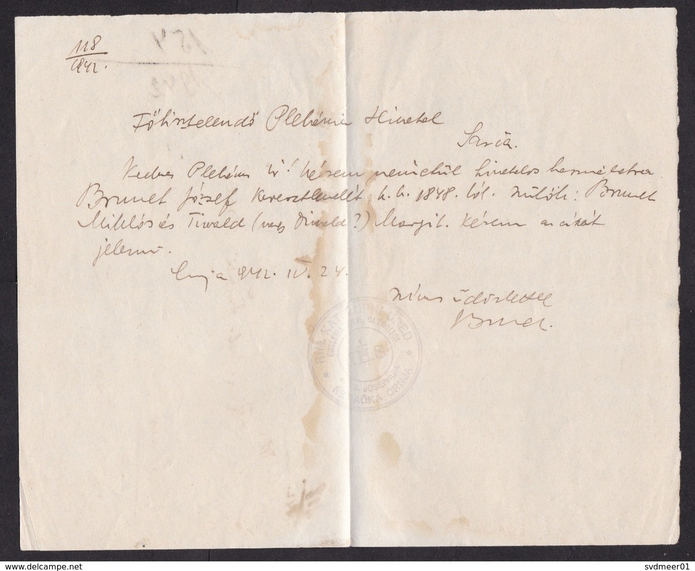 Serbia: Postage Free Cover?, 1942, Sent By Catholic Church Nemacka Crnja, German Settlement? (water Stain) - Servië