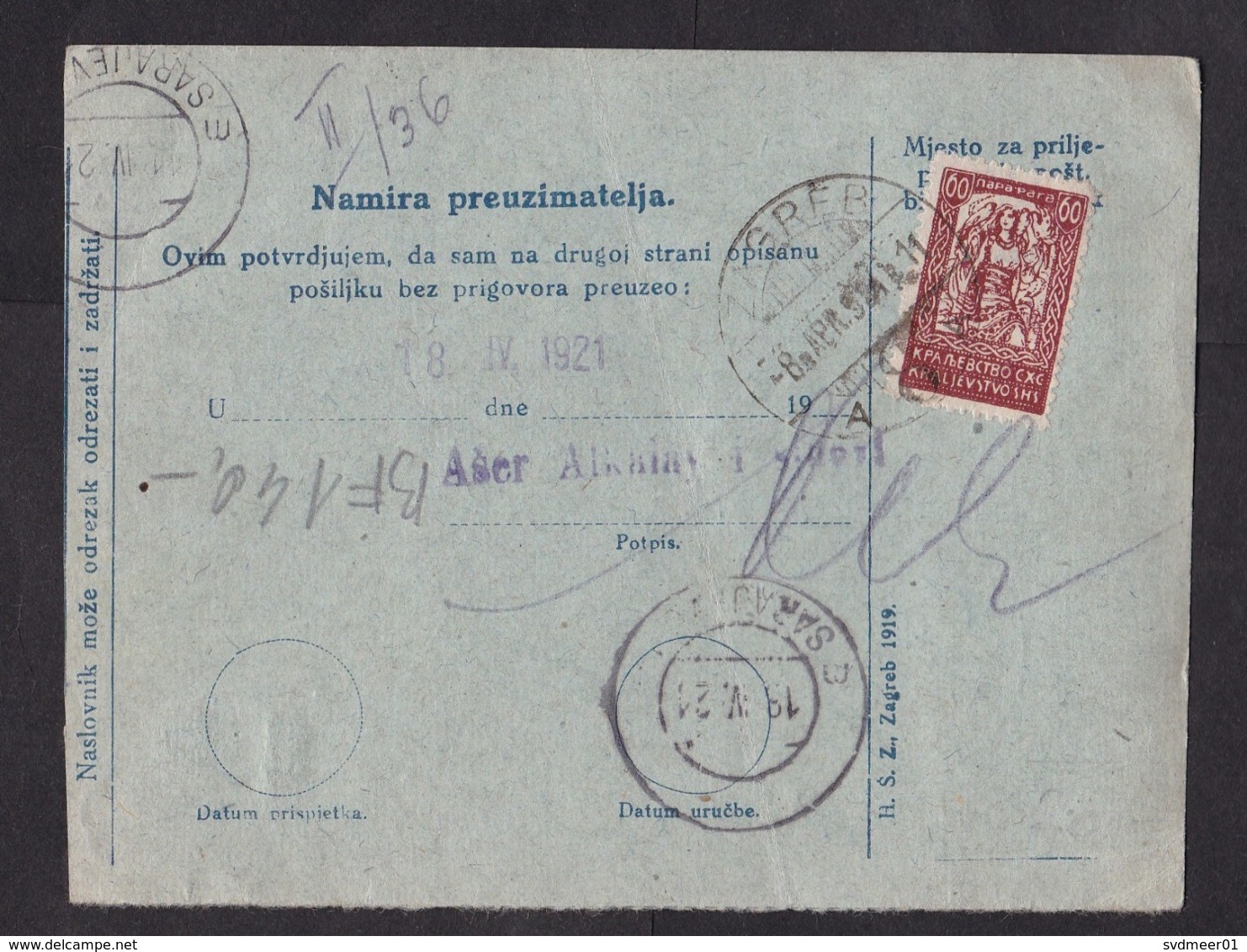 Yugoslavia: Stationery Parcel Card, 1921, 4 Extra Stamps, Label Zagreb, SHS, Various Issues, See Back (damaged: Fold) - Briefe U. Dokumente