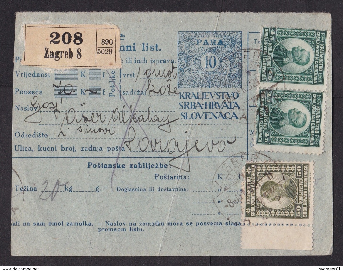 Yugoslavia: Stationery Parcel Card, 1921, 4 Extra Stamps, Label Zagreb, SHS, Various Issues, See Back (damaged: Fold) - Briefe U. Dokumente