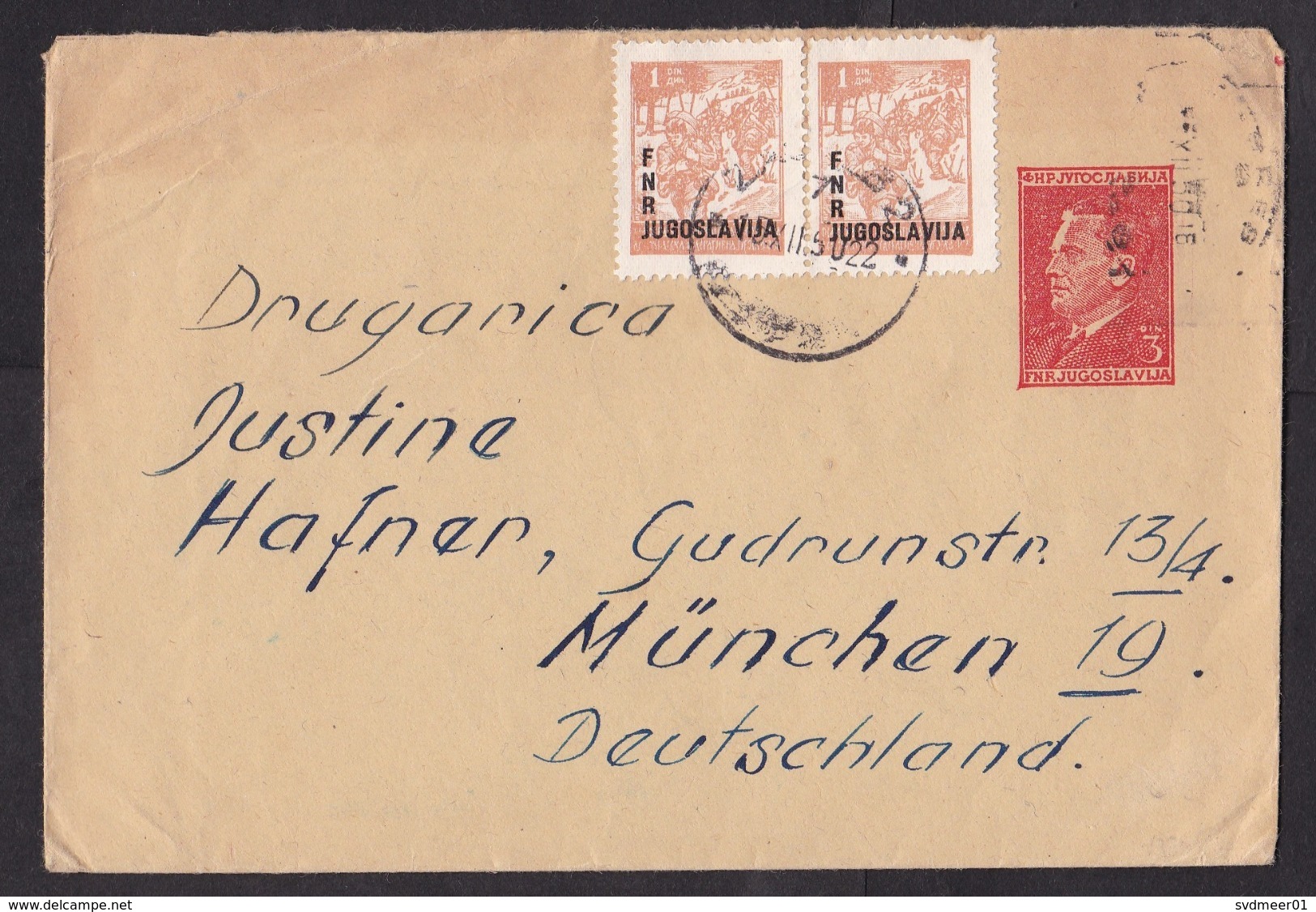 Yugoslavia: Stationery Cover To Germany, 1950, Tito, 2 Extra Stamps, Overprint New Country Name (traces Of Use) - Brieven En Documenten