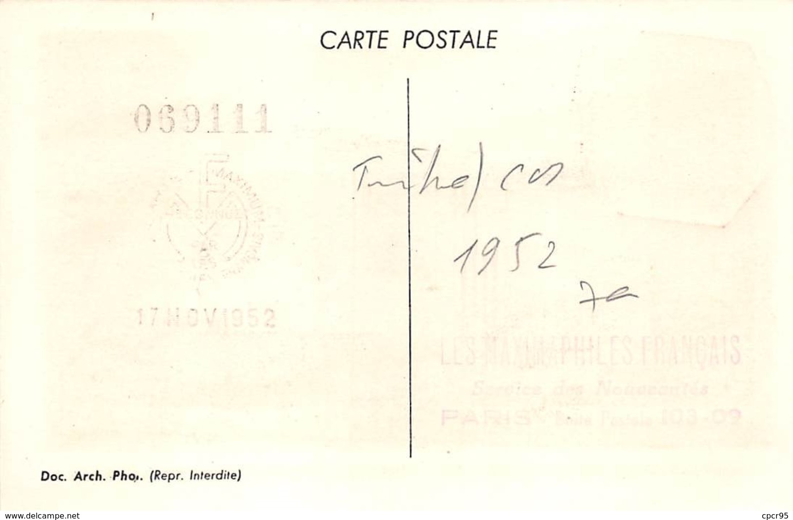 1952 .carte Maximum .france .102288 .bassin De Diane XVIIe Siecle .cachet Versailles . - 1950-1959