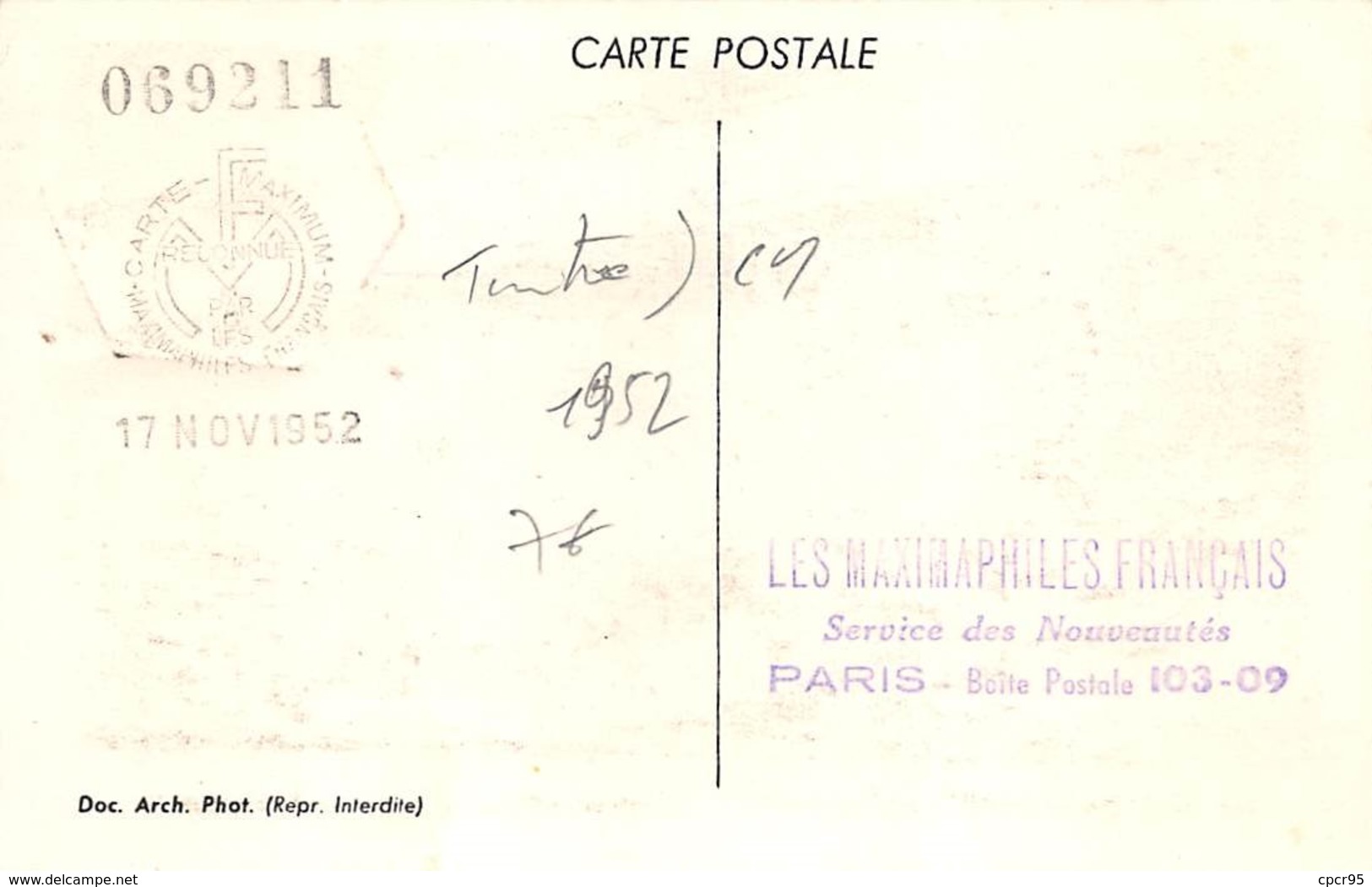 1952 .carte Maximum .france .102289 .bassin De Diane XVIIe Siecle  .cachet Versailles . - 1950-1959