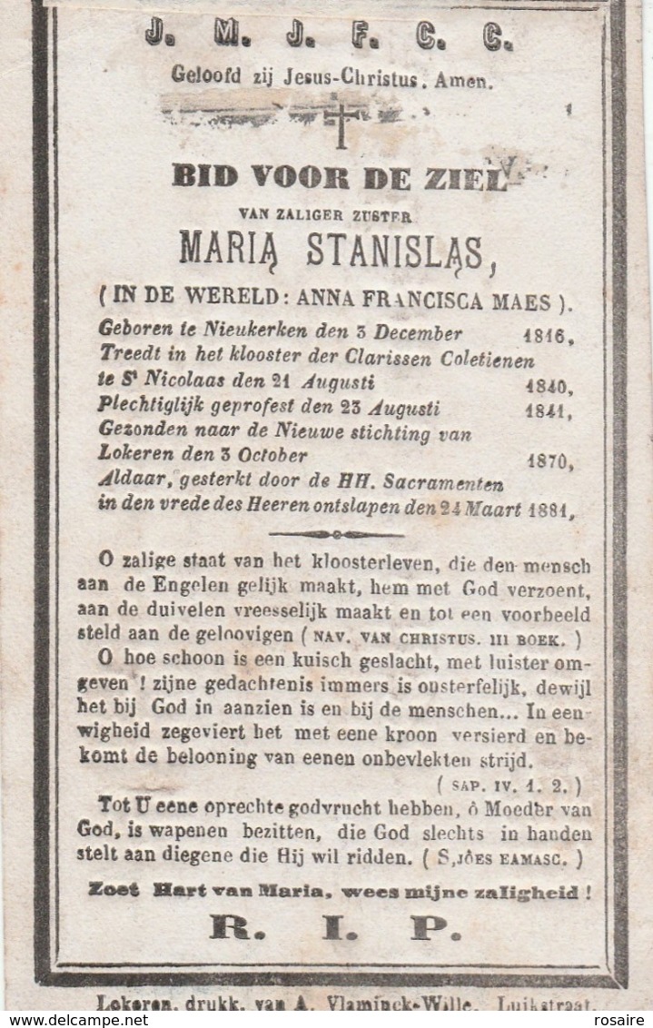 Non Anna Francisca Maes-nieukerken 1816-st Nicolaas Klooster-lokeren  1881-tekst Scheef Gedrukt - Devotion Images