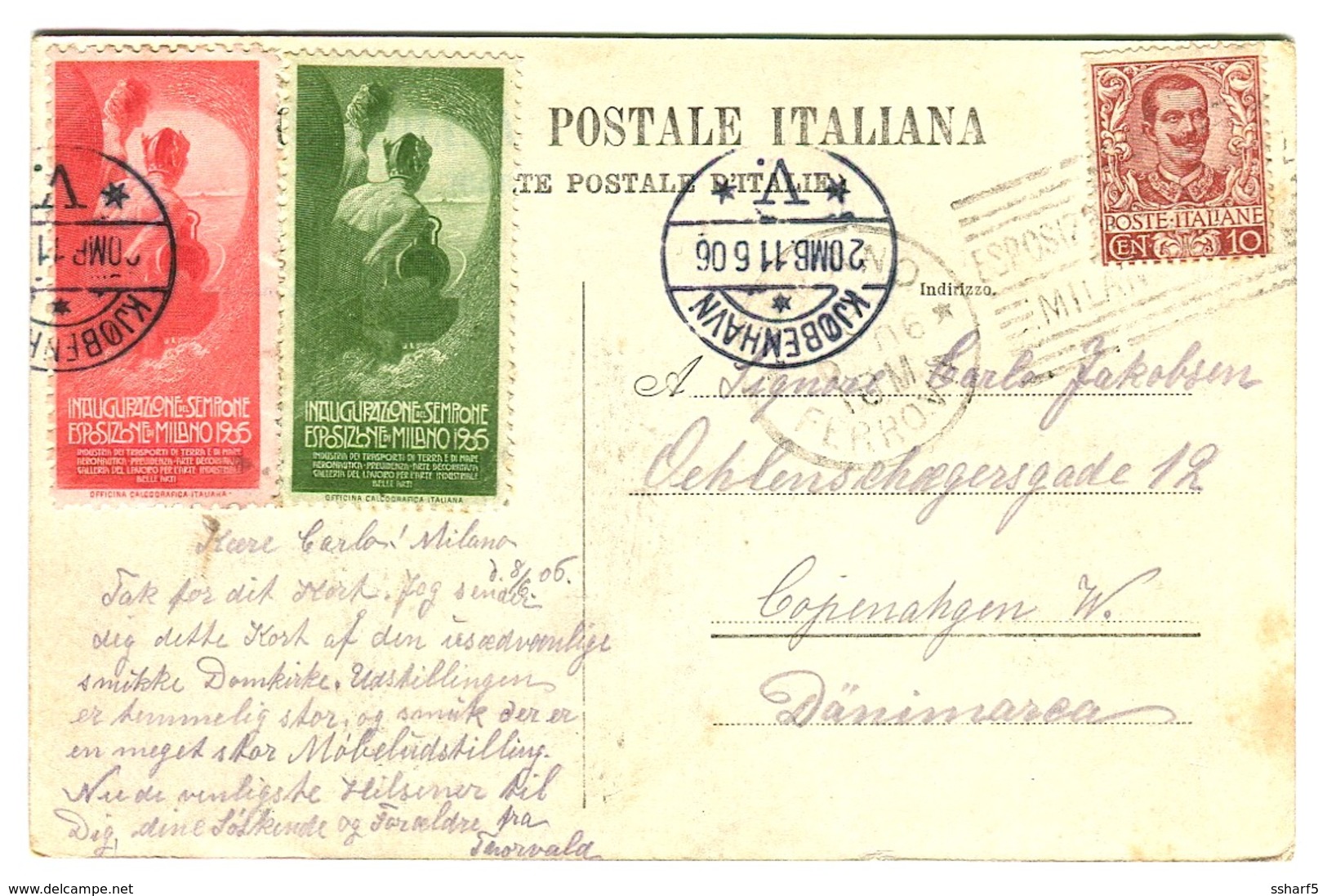 CINDERELLA ERINNOFILIA INAUGURAZIONE DEL SEMPIONE MILANO 1906 2 Vignette Su Cartolina Andata 1906 - Poststempel