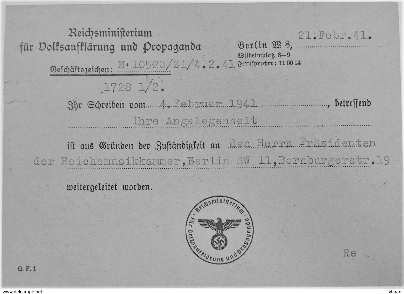 1941 DR Postkarte Reichsministerium Für Volksaufklärung Und Propaganda - Briefe U. Dokumente