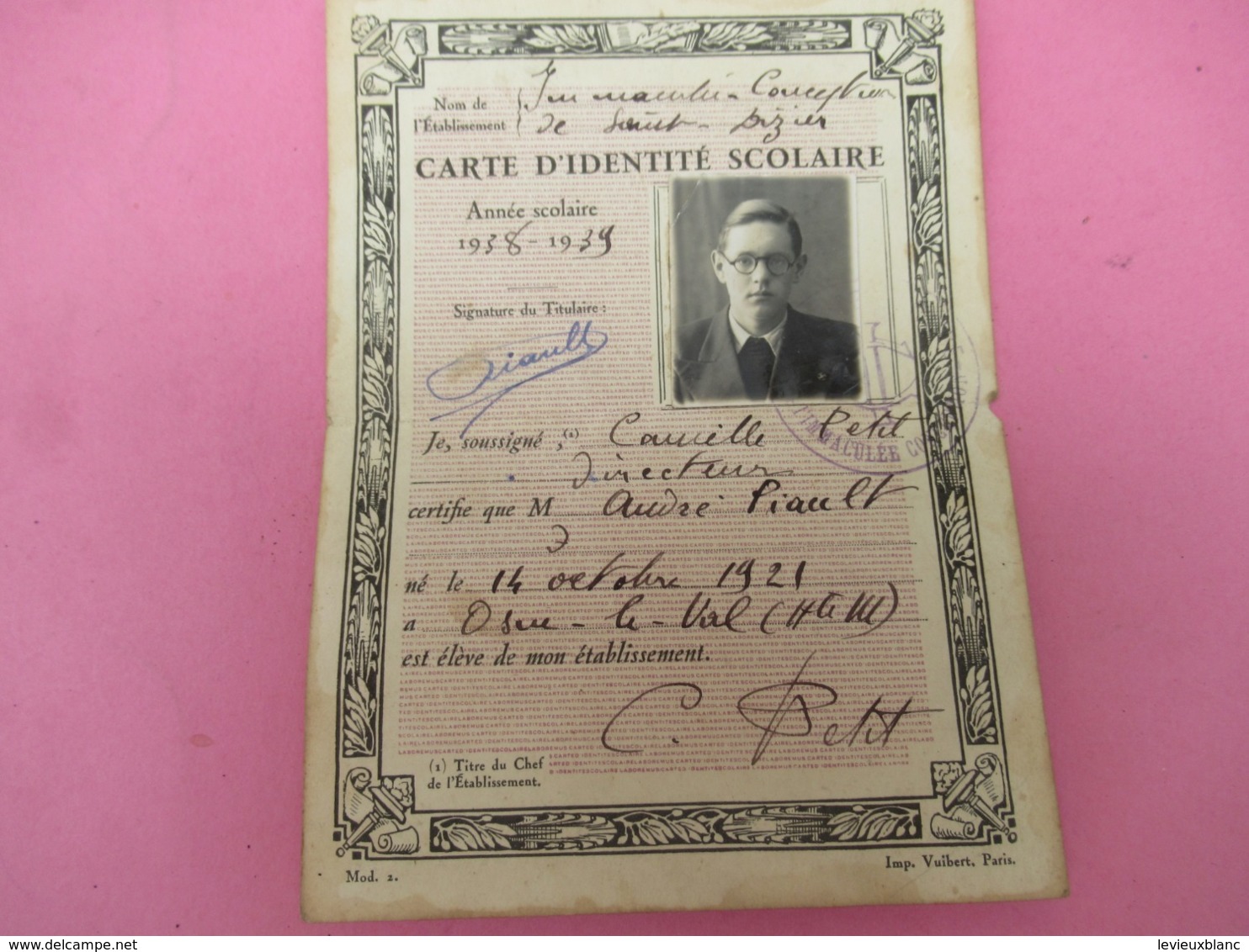 Carte D'Identité Scolaire à 2 Volets / Immaculée Conception De Saint Dizier/PIAULT/ Osne Le Val/1938  AEC164 - Autres & Non Classés
