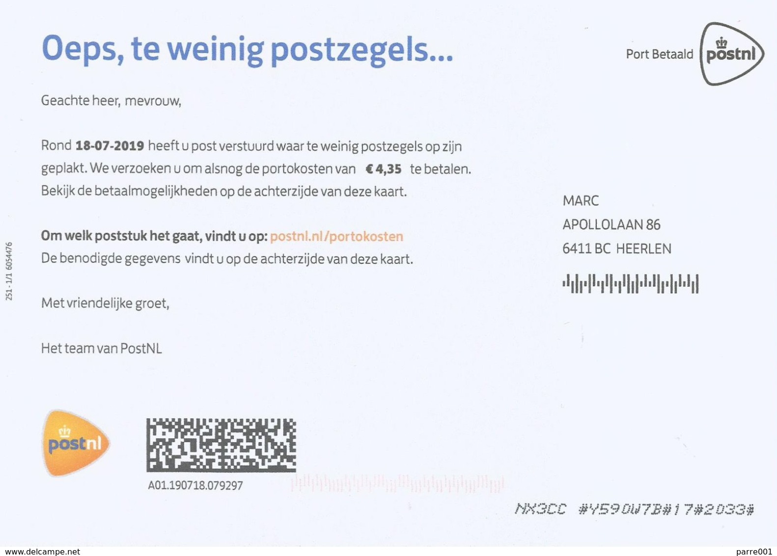 Nederland Netherlands 2019 Rotterdam Postage Due Card - Briefe U. Dokumente