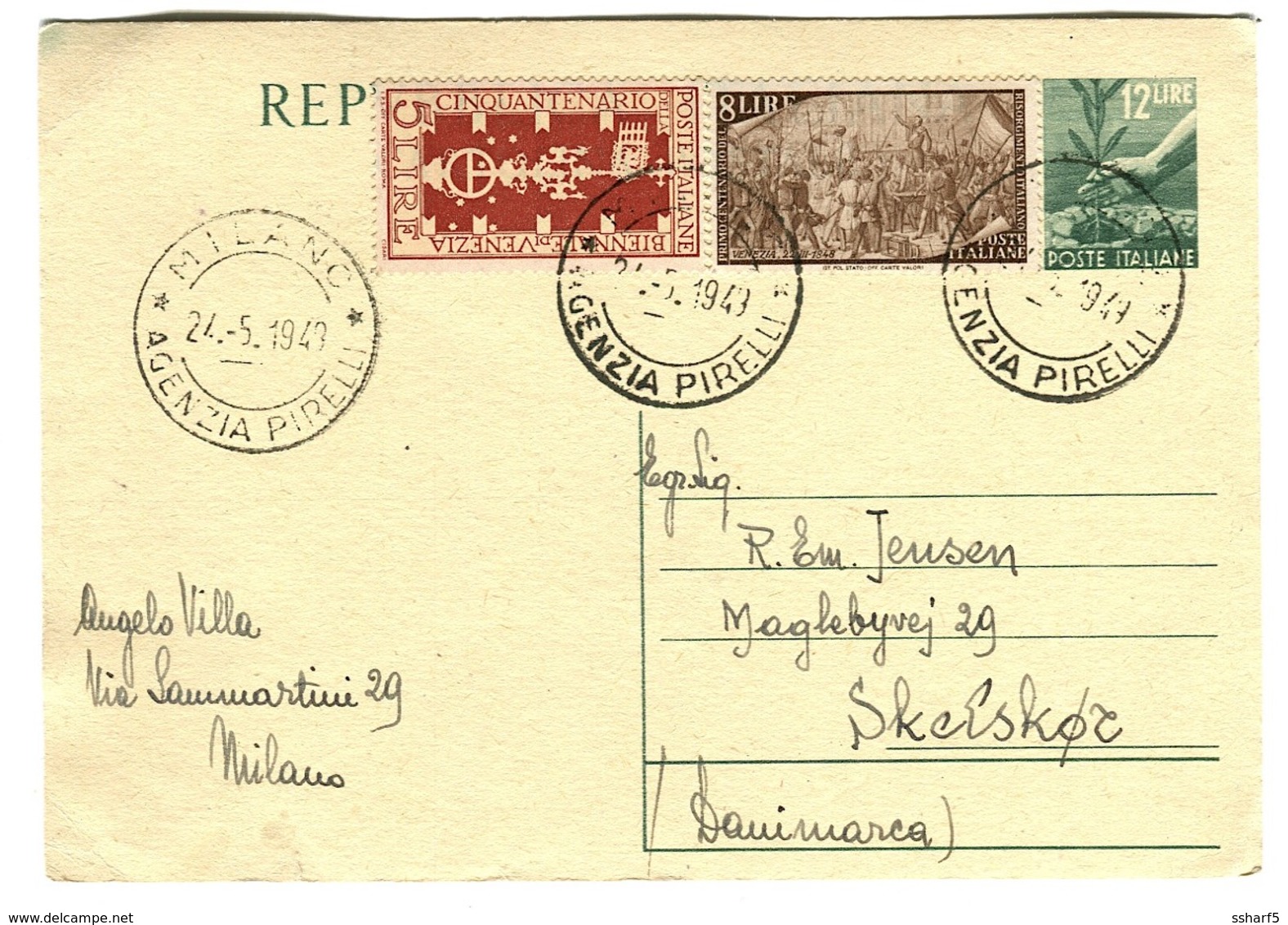 1948 Intero Postale 12 Lire Con Francobolli 8 Lire + 5 Lire Andato In Danimarca - Entiers Postaux