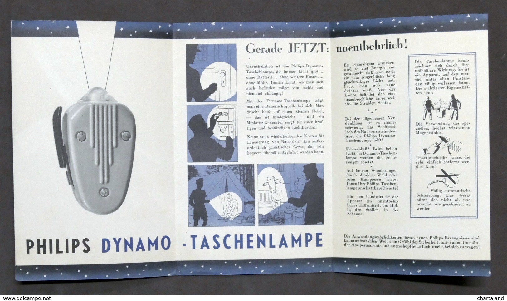 Pubblicità Philips - Brochure Dynamo Taschenlampe - Lampada Tascabile - 1940 - Publicidad
