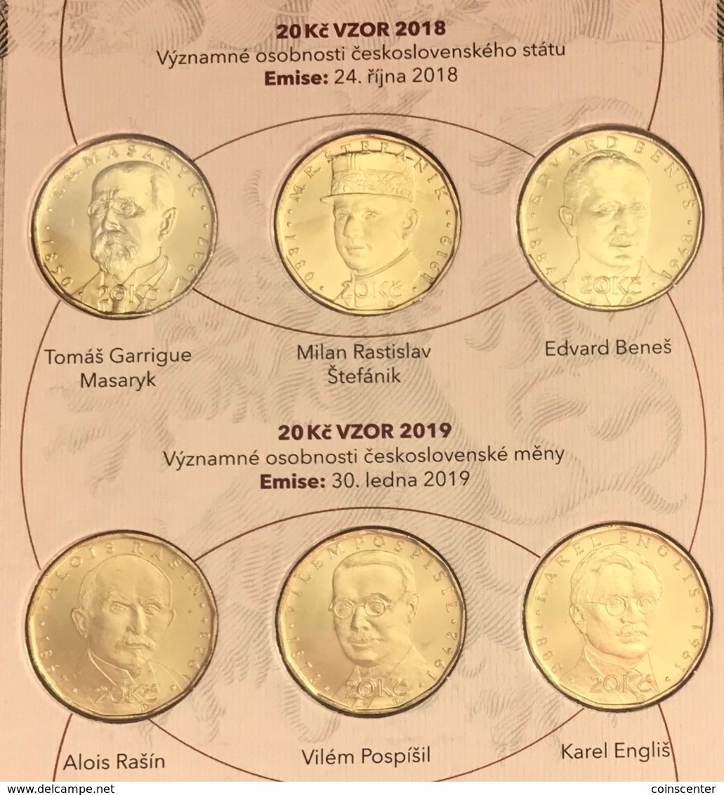 Czech Republic Set Of 6 Coins: 20 Korun 2018-2019 "Personalities" Folder UNC - Czech Republic