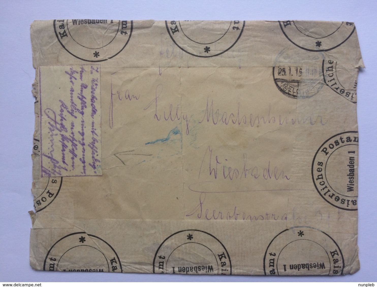 GERMANY WW1 1915 Feldpost Cover With Multitude Of Wiesbaden Kaiserliches Postamt Tape - Briefe U. Dokumente