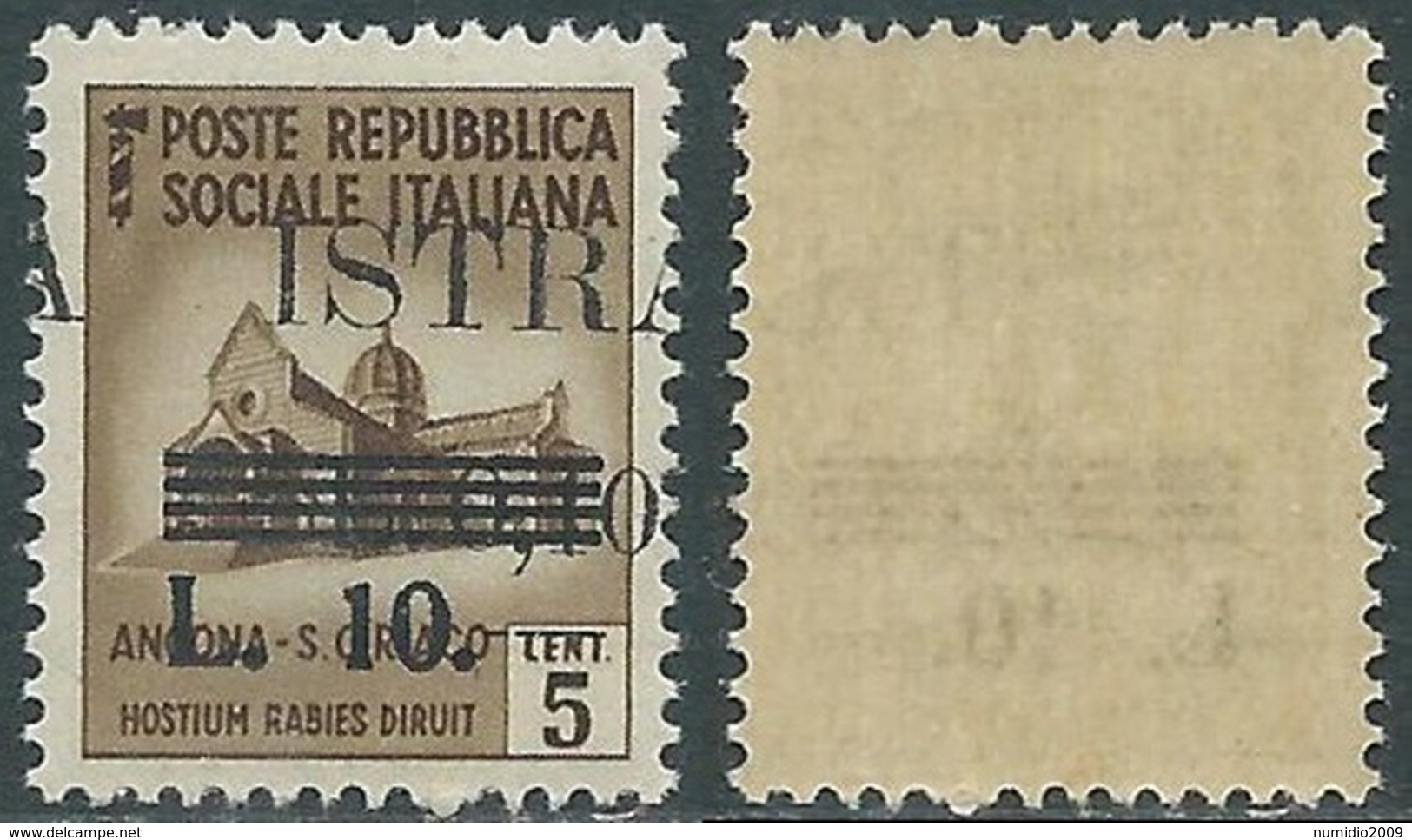 1945 OCCUP. JUGOSLAVA ISTRIA POLA 10 LIRE SU 10 SU 5 CENT VARIETà MNH ** - E161 - Joegoslavische Bez.: Istrië