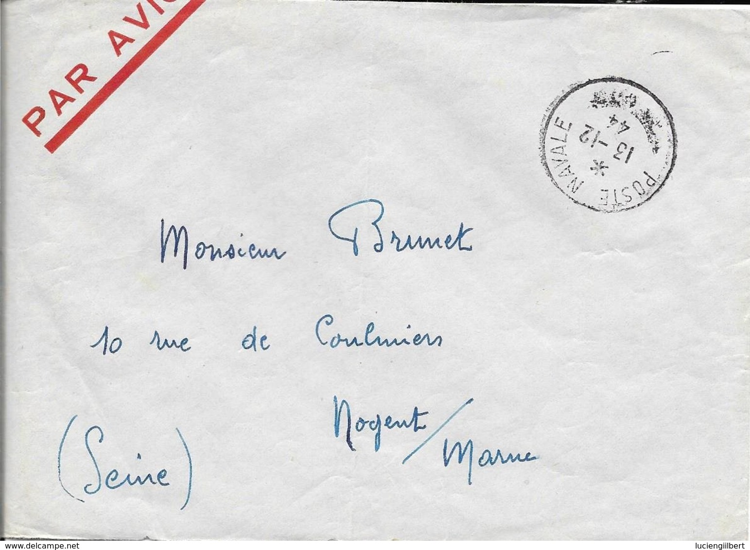 CACHET POSTE NAVALE 1944  LIEU BIFFE PAR SECURITE EN TEMPS DE GUERRE  PAR AVION - Guerra De 1939-45