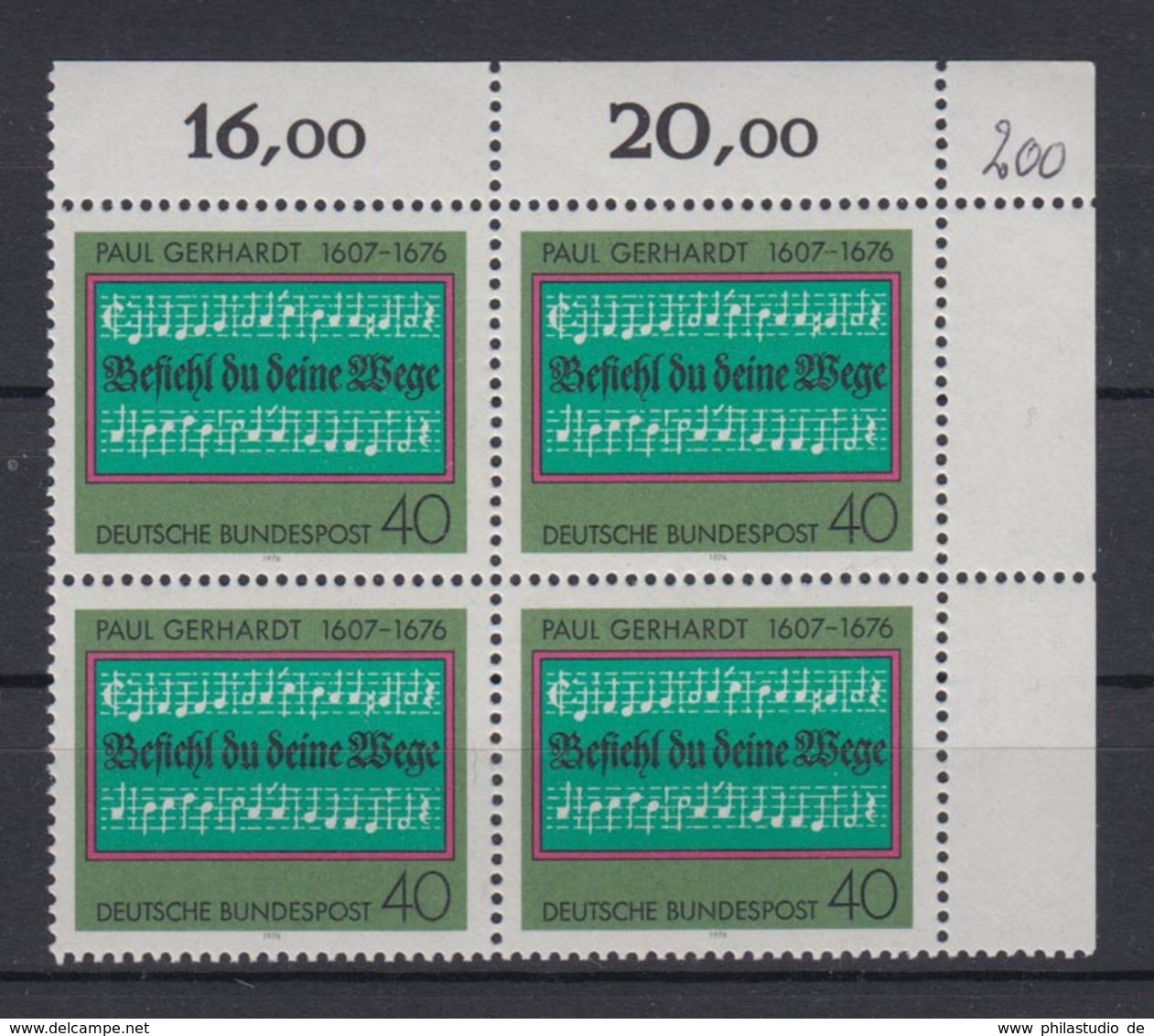 Bund 893 4er Block Eckrand Rechts Oben 300. Todestag Paul Gerhardt 40 Pf ** - Autres & Non Classés