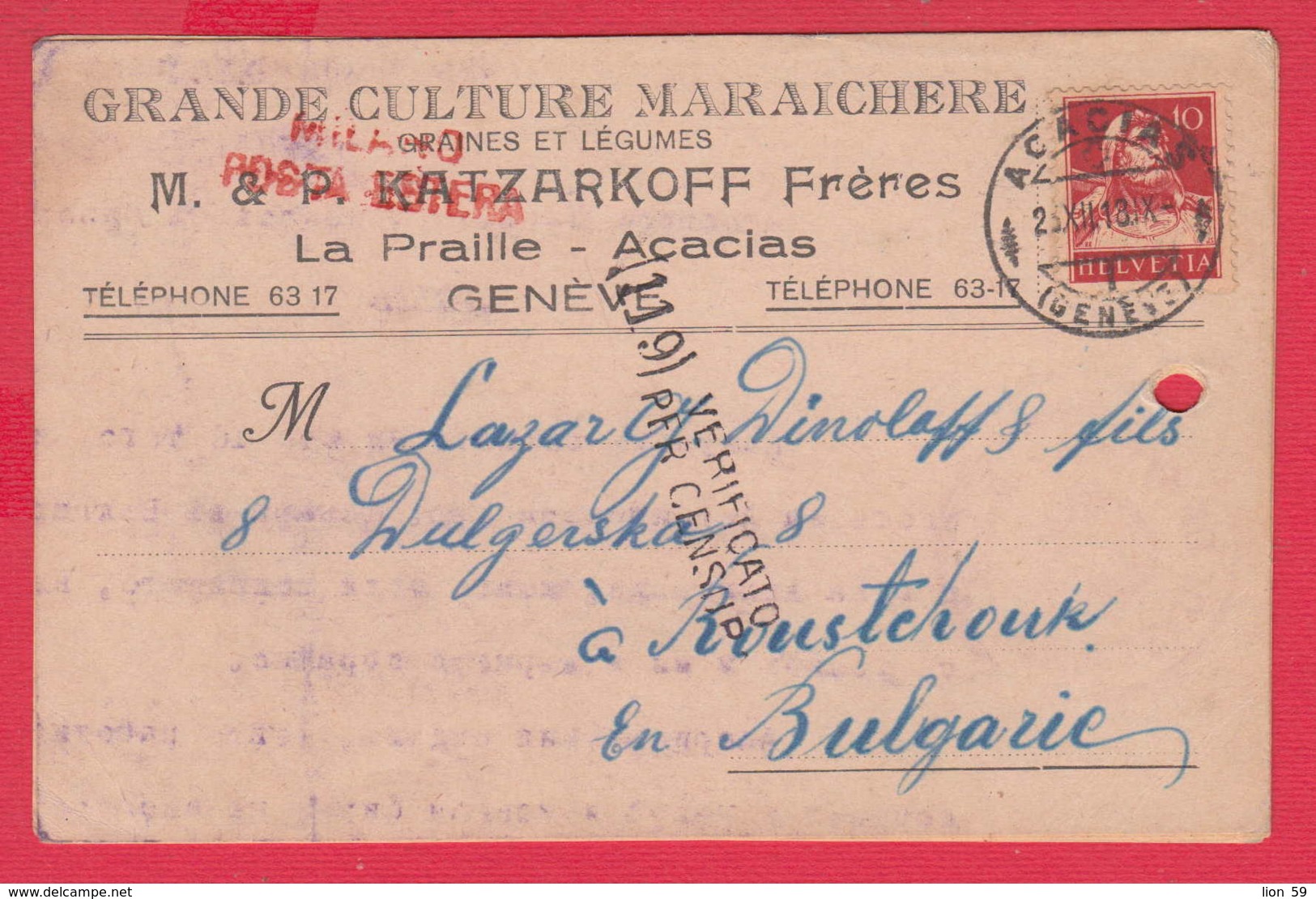 248223 / WW1 - 1918 - 119 Censorship Switzerland GRANDE CULTURE MARAICHERE GENEVE POSTA MILANO ITALY To ROUSSE Bulgaria - Guerre