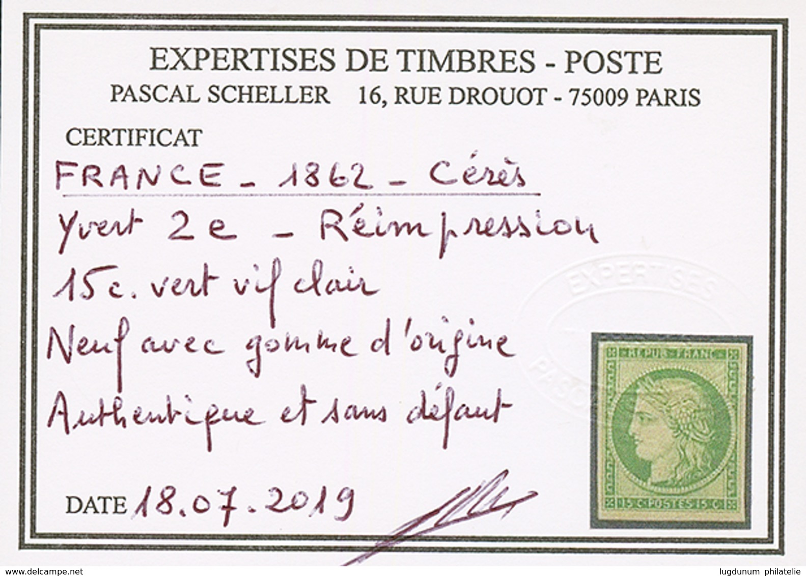 15c CERES REIMPRESSION (n°2e) Neuf *. Cote 850€. Certificat SCHELLER. Superbe. - 1849-1850 Ceres