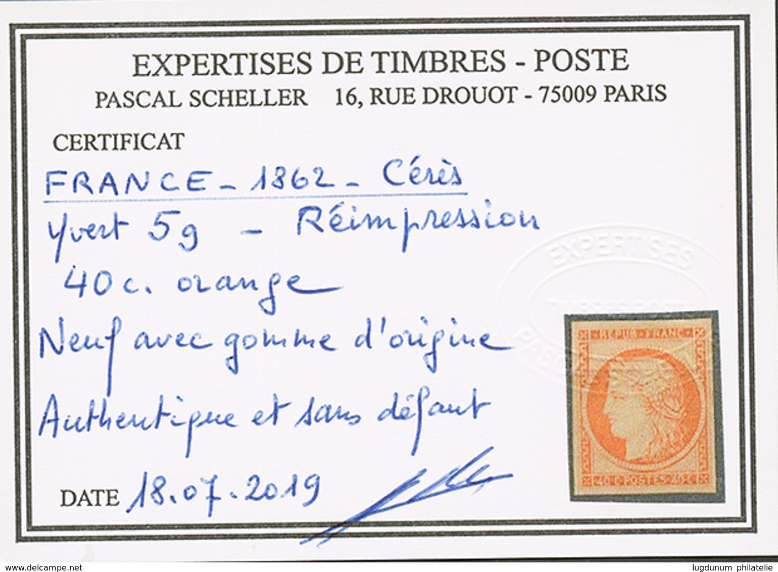 40c CERES REIMPRESSION (n°5g) Neuf *. Cote 800€. Certificat SCHELLER. TTB. - 1849-1850 Cérès