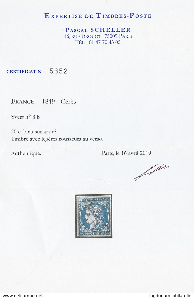 NON EMIS 20c CERES (n°8b) Bleu Sur Azuré Neuf *. Infime Rouseur Dans La Gomme. Cote 4000€. Certificat SCHELLER. TTB. - 1849-1850 Ceres