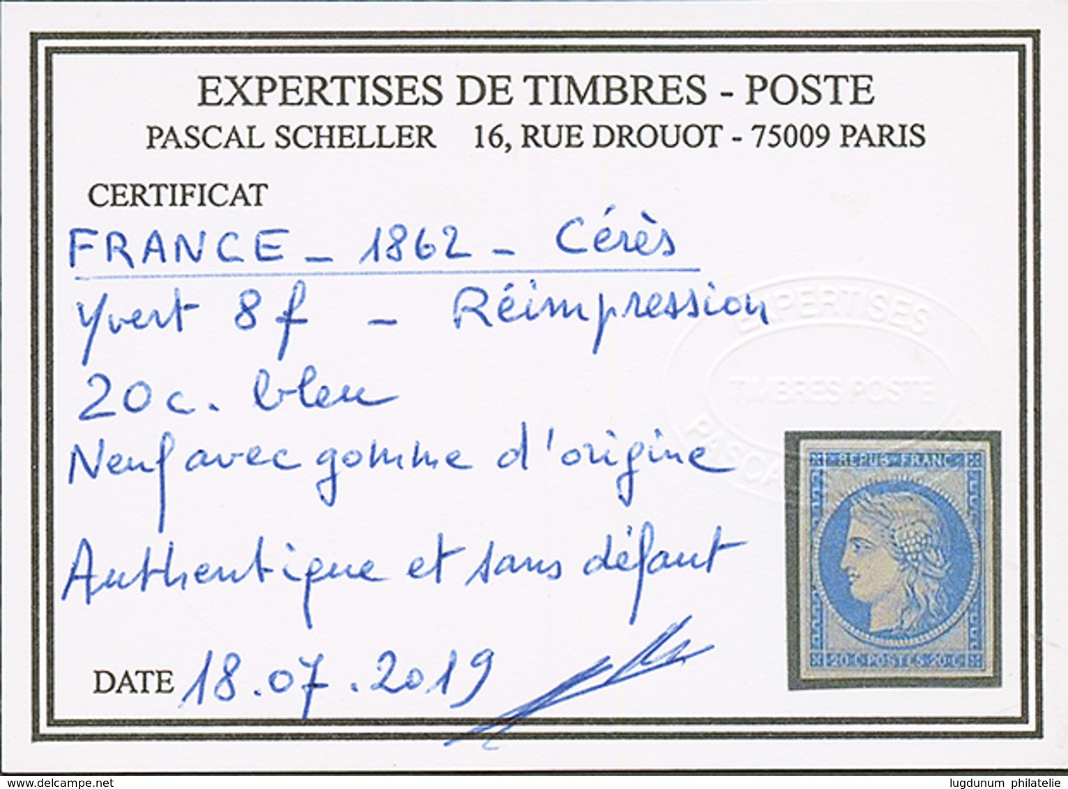 NON EMIS 20c CERES Bleu REIMPRESSION (n°8f) Neuf *. Cote 800€. Certificat SCHELLER. TTB. - 1849-1850 Ceres