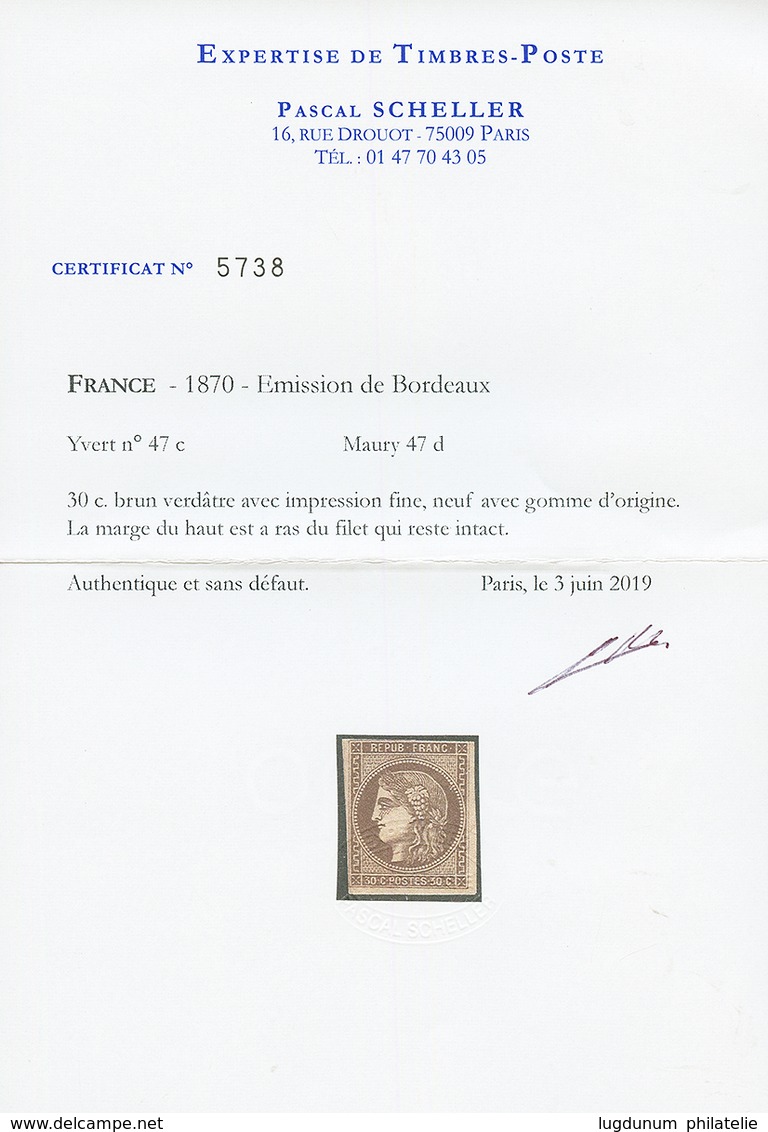 30c BORDEAUX Brun Verdâtre Inpression Fine (n°47c) Neuf *. La Marge Du Haut Est à Ras Du Filet Qui Reste Intact. Nuance  - 1870 Bordeaux Printing