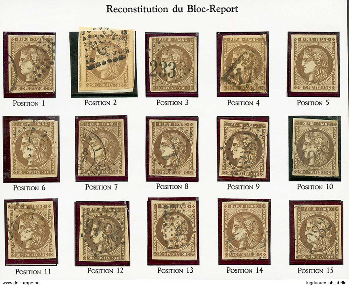 30c BORDEAUX (n°47) Reconstitution Du BLOC REPORT De 15 Timbres. 5 Timbres Avec Léger Pelurage Les Autres TB. Cote 5000€ - 1870 Bordeaux Printing